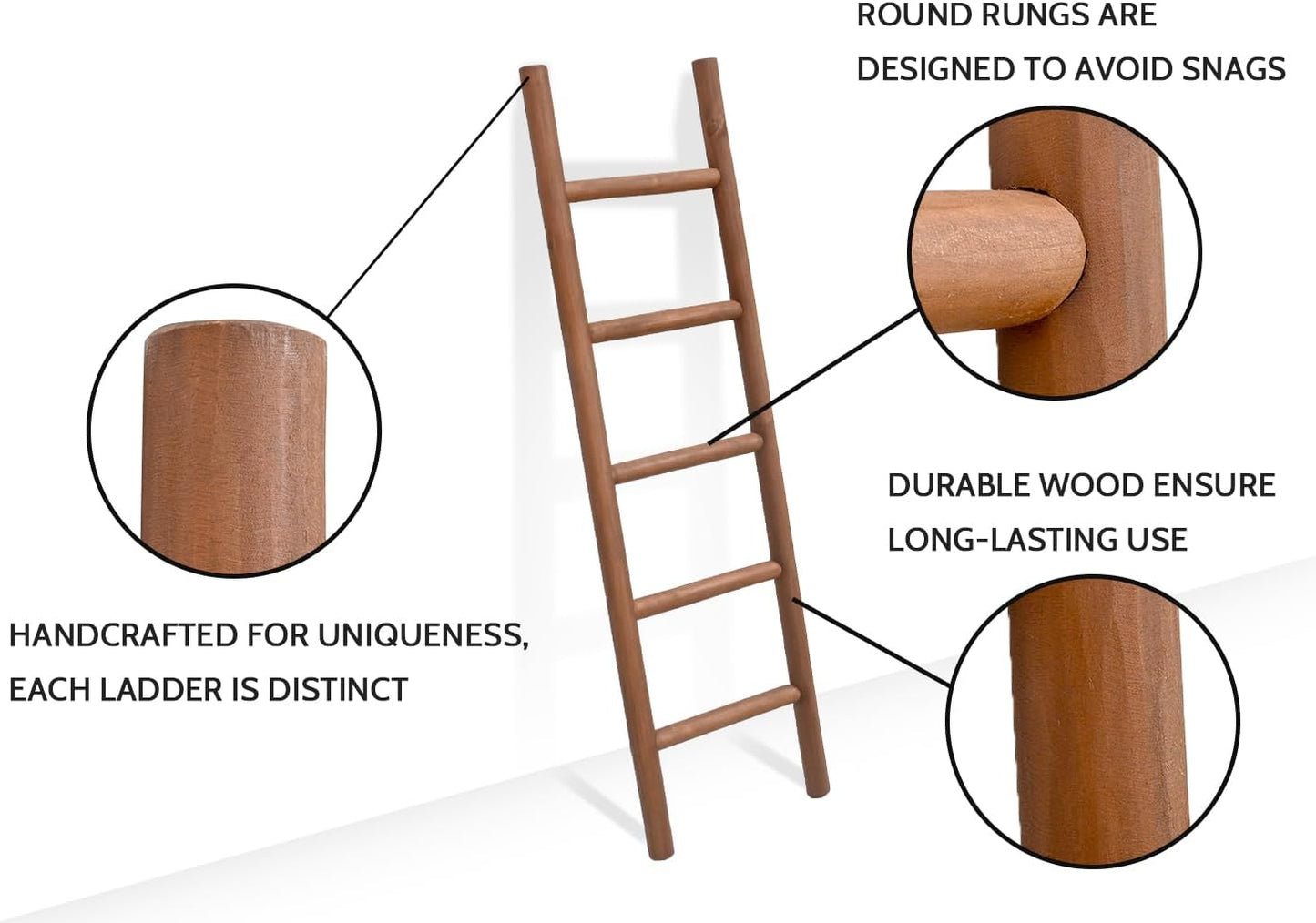 FUIN Fully Assembled 57in Wood Blanket Ladder Living Room Decorative Wall Leaning Farmhouse Quilt Display Holder Rustic Wooden Towel Rack for Bathroom, Dark Brown