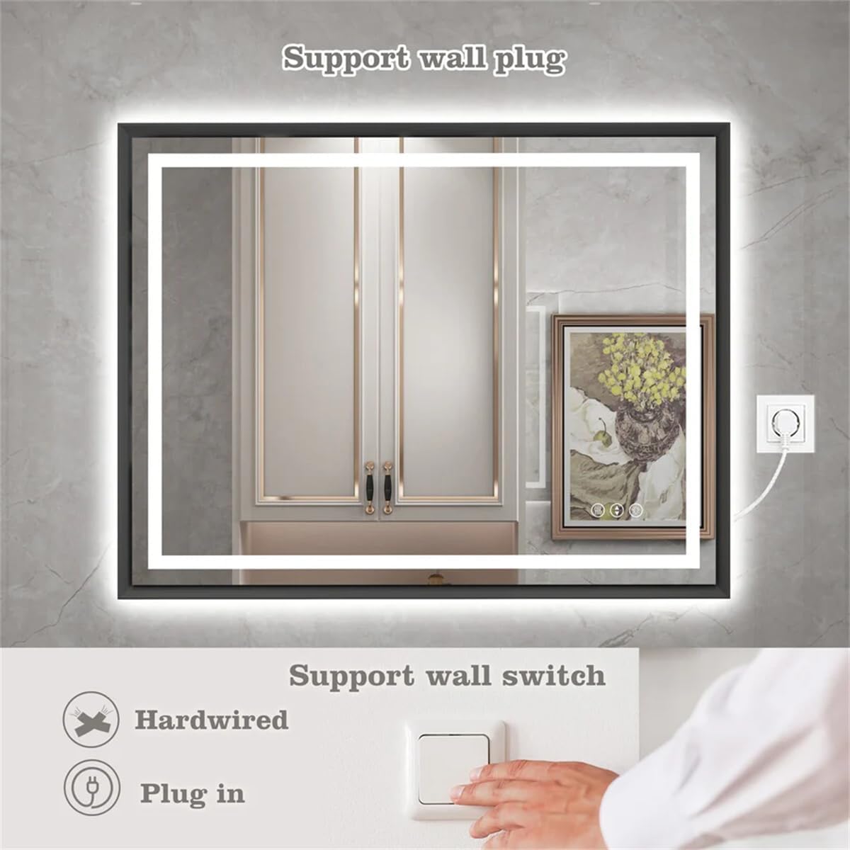 28"x 36" LED Bathroom Mirror with Black Frame, Stepless Dimmable, Anti-Fog, Shatter-Proof, Memory, 3 Colors, LED Vanity Mirror