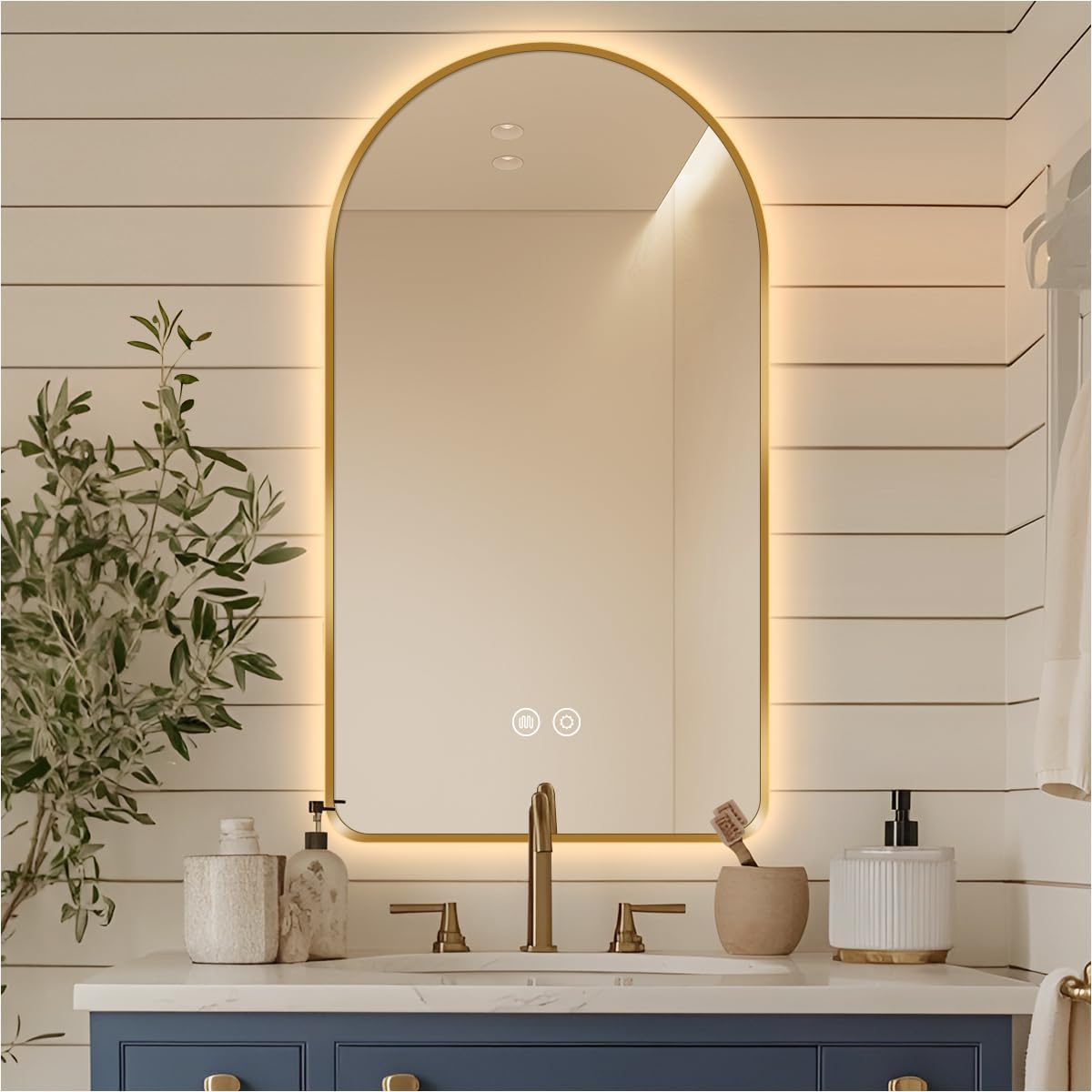 32"L x 20"W Arched LED Bathroom Mirror, Brushed Gold Frame, Backlit Vanity Mirror with Lights, Wall Mounted Lighted Mirror, Dimmable 3-Color Shatter-Proof Arch Smart Mirror, UL-Listed, CRI≥93