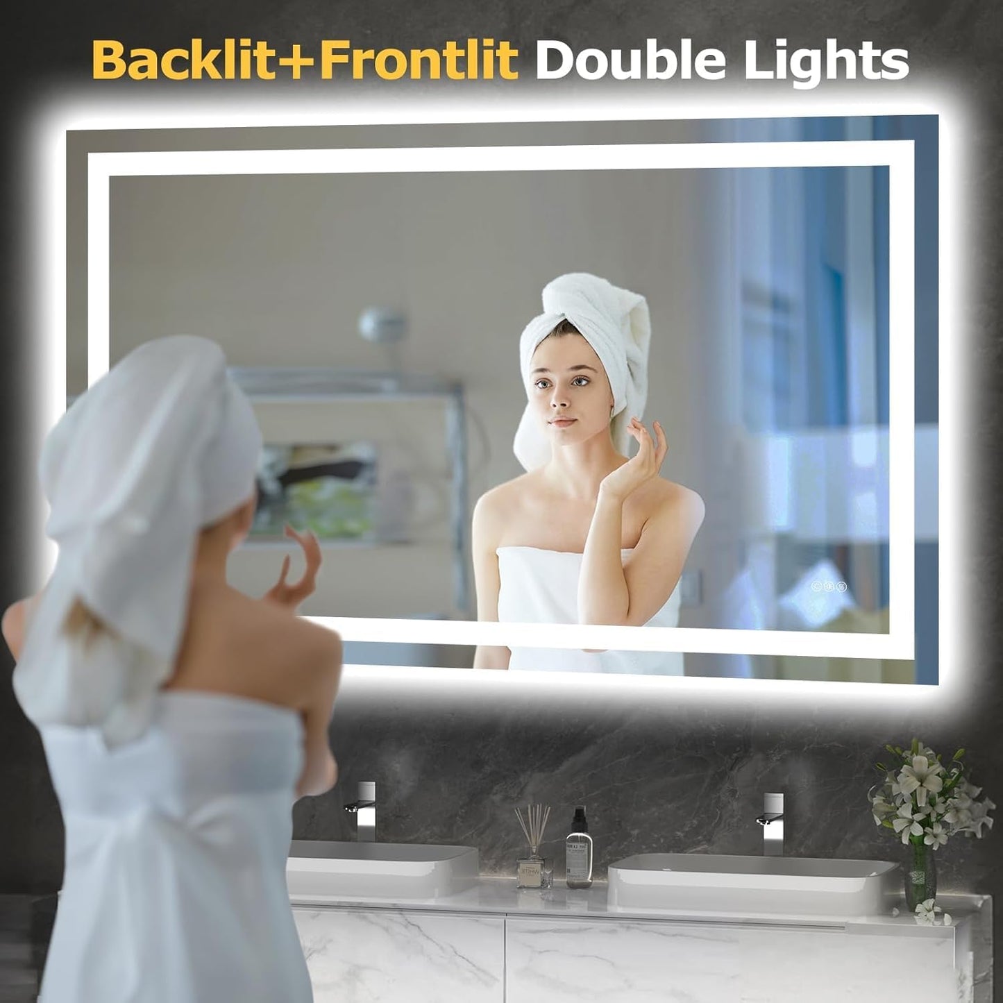55X30 LED Bathroom Mirror with Lights, Anti-Fog, Dimmable, Backlit + Front Lit, Smart Bathroom Vanity Mirror, Memory Function, Shatterproof, Tempered Glass (Horizontal/Vertical)