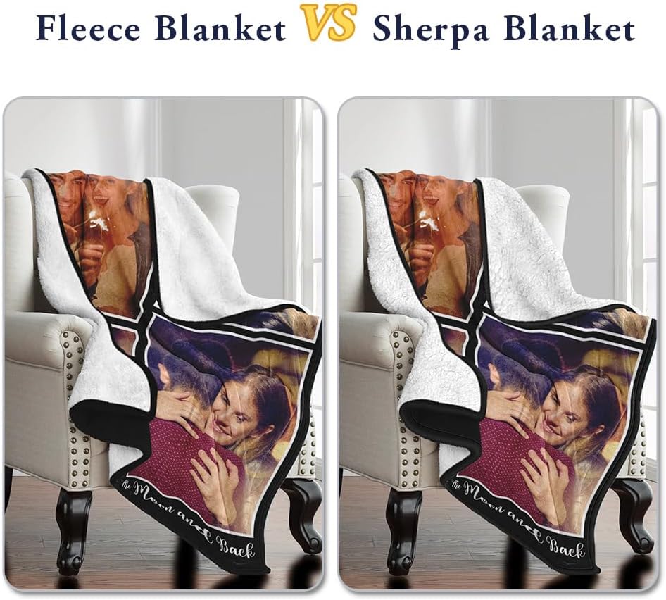 Sherpa Fleece Custom Photo Blanket - Soft, Warm, Fuzzy - Personalized Couples Gifts for Boyfriend, Girlfriend - Customized Picture Blanket for Birthday, Christmas