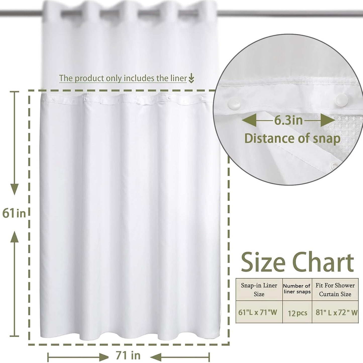 YellyHommy Waterproof Fabric Snap in Shower Curtain Liner Replacement with 2 Magnets 71" W x 61" L for 72" W x 81" L No Hook Shower Curtain - Removable & Detachable to Wash - White