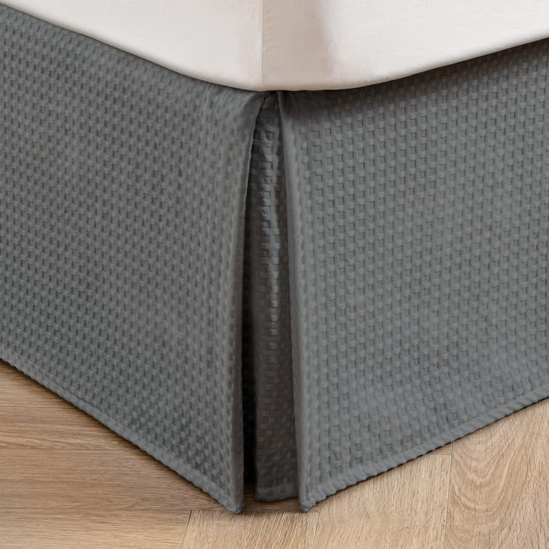MIYE Pleated Waffle Weave Bed Skirt, Tailored Dust Ruffle 16 Inch Drop Easy Fit, Machine Washable (Dark Grey, Twin - 16" Drop)