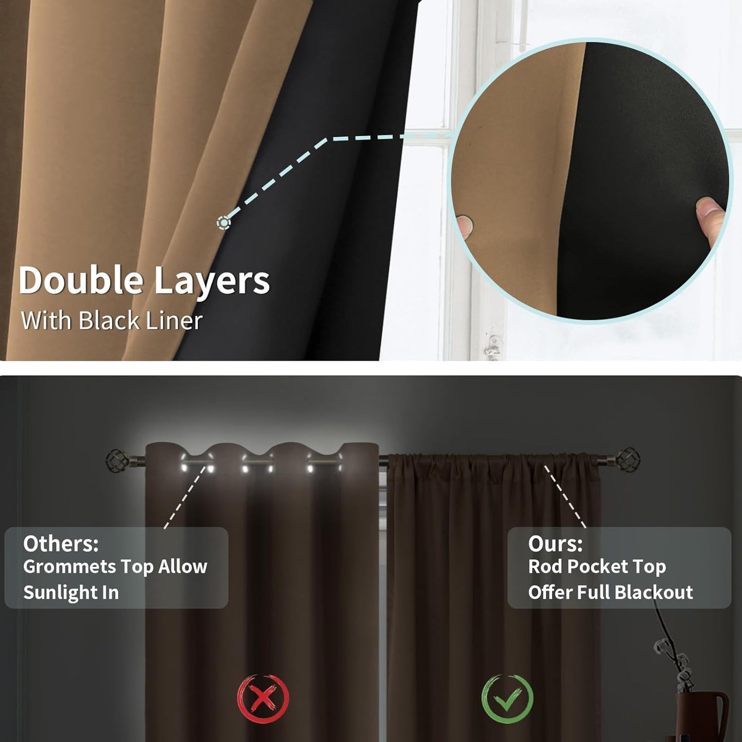 BGment Thermal Insulated 100% Blackout Curtains for Bedroom with Black Liner, Double Layer Full Room Darkening Noise Reducing Rod Pocket Curtain (52 x 63 Inch, Taupe, 2 Panels)