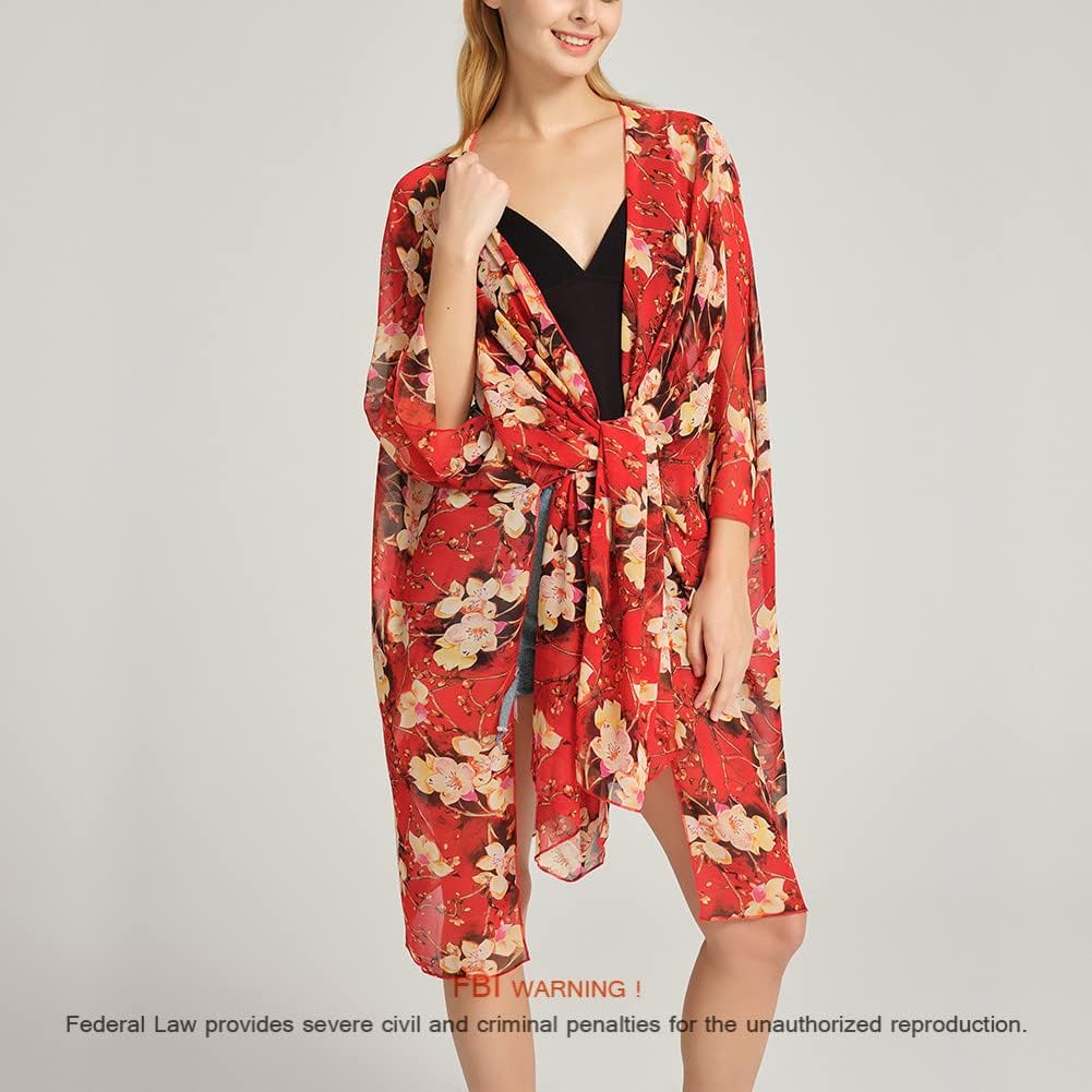 Women's Bohemian Floral Chiffon Beach Cover up Swimsuit Kimono Summer Swimwear Cardigans