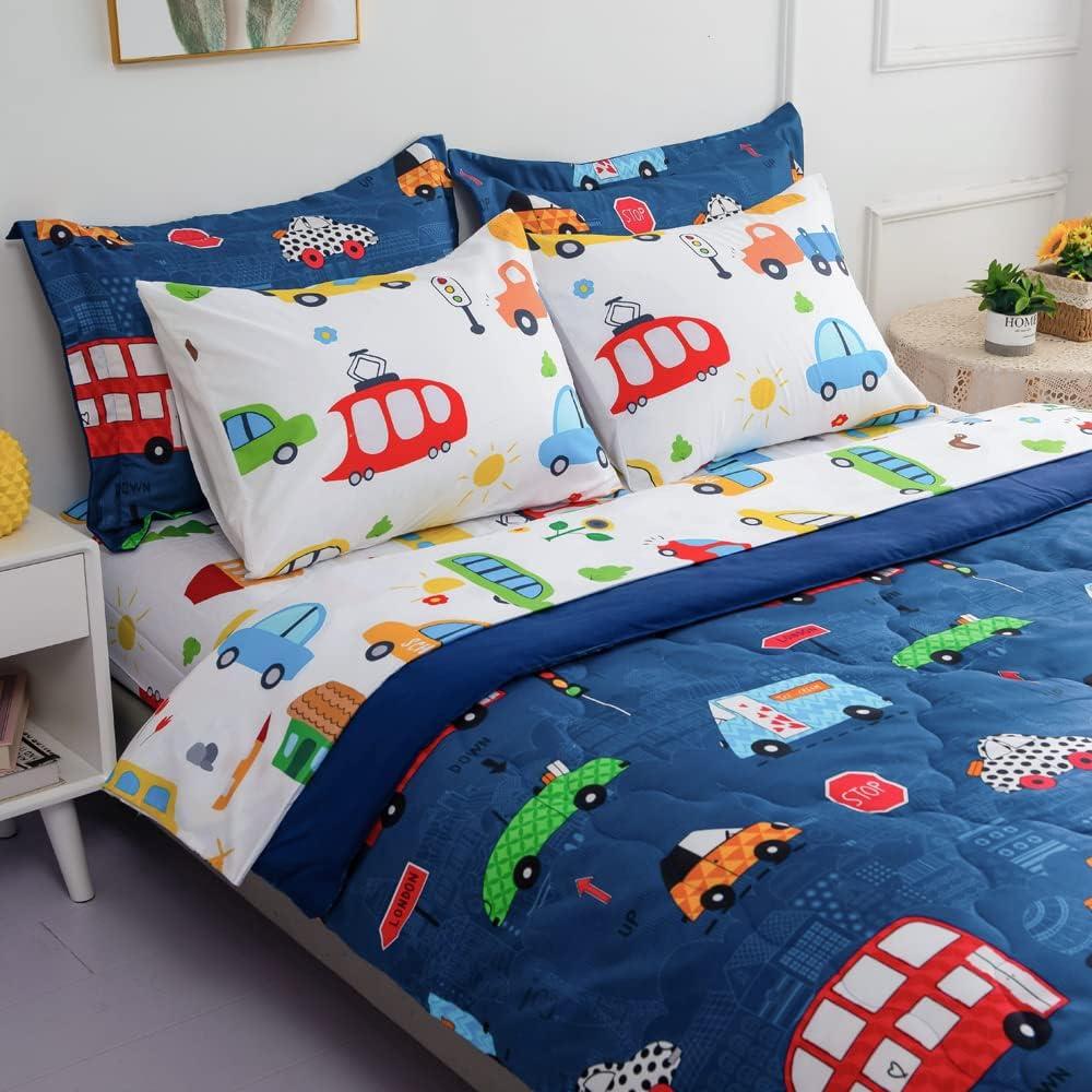 Wajade Cartoon Cars Comforter Set Bed in A Bag Twin Size Colorful Cars Bus Van Traffic Lights Bedding Set for Boys Kids (1 Comforter, 1 Flat Sheet, 1 Fitted Sheet, 2 Pillowcase and 2 Pillow Sham)
