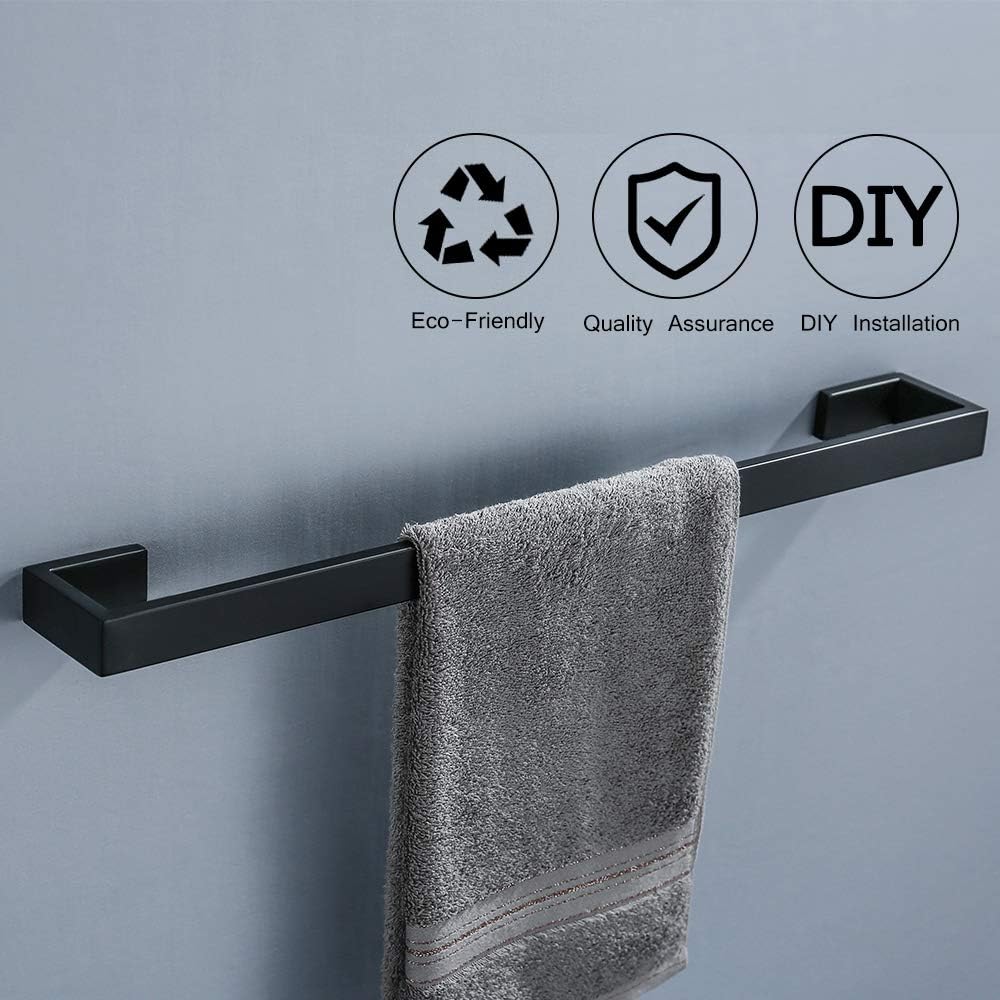 TNOMS 4 Pieces Bathroom Hardware Accessories Set Black Towel Bar Towel Holder Robe Hook Toilet Paper Holder Stainless Steel,Q8-P4BK