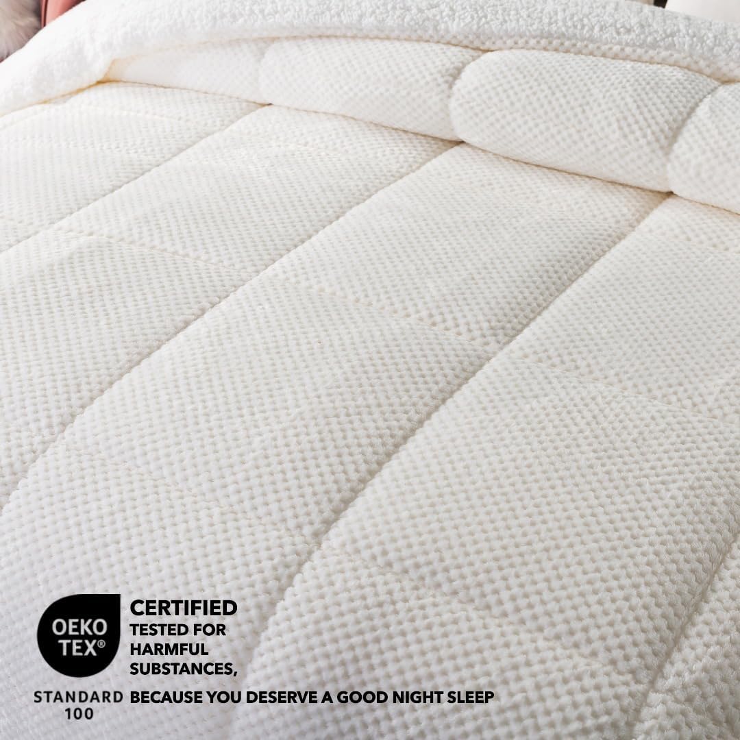 KASENTEX Luxury Plush Sherpa Comforter, Ultra Soft Cozy Reversible Faux Fur Machine Washable Bedding, Bright White, Twin/Twin XL Size