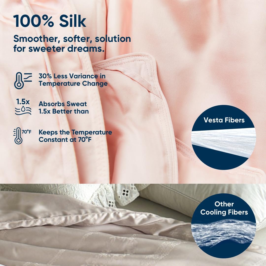 Vesta Washable Silk Lightweight Comforter, Cooling Blanket for Hot Sleepers, 100% Long Staple Mulberry Silk, Moisture & Thermal Control for Summer Use (Heavenly Pink, Full/Queen 90'' X 90'')