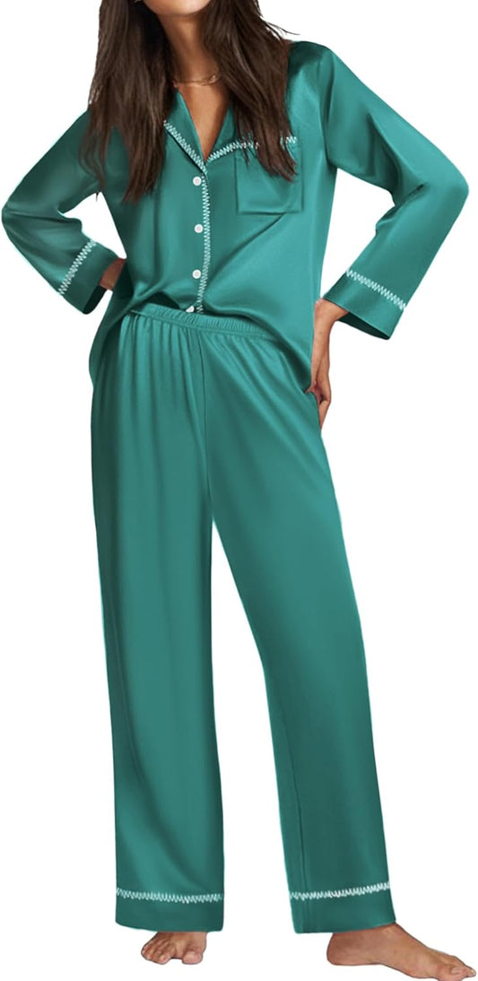 Ekouaer Satin Pajama Set for Women Silky Sleepwear Long Sleeve Top and Pants Button Down Pjs Lounge Set