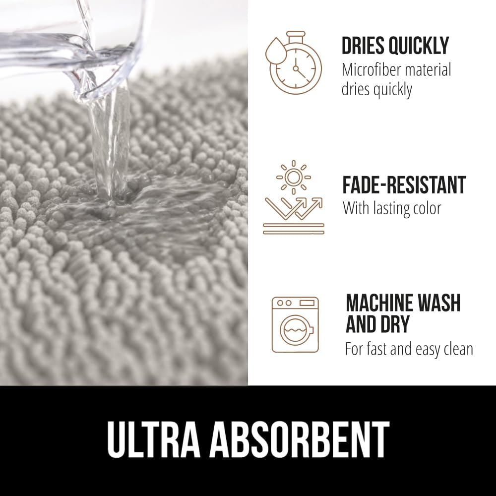 GORILLA GRIP Plush Absorbent Shaggy Chenille Bath Rug Mat for Square Toilet Base with Rubber Backing, Machine Washable Rugs, Soft Microfiber Contour Mats for Toilets, Bathroom Decor, Lt Gray