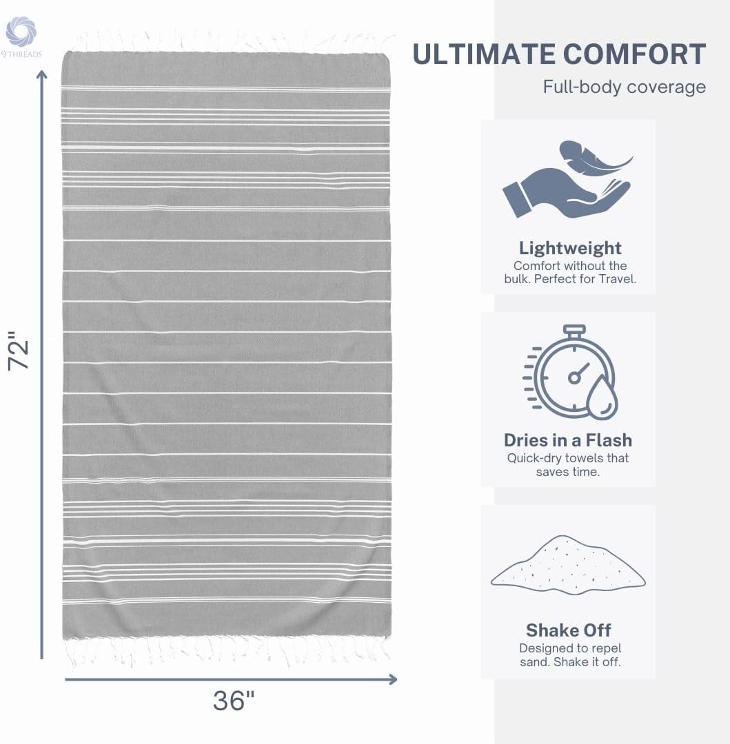 Cotton Turkish Beach Towel with Towels Oversized 36"x72" Pool Absorbent Extra Large Quick Dry Sand Travel Towel (Silver Mist, 4 Pack)