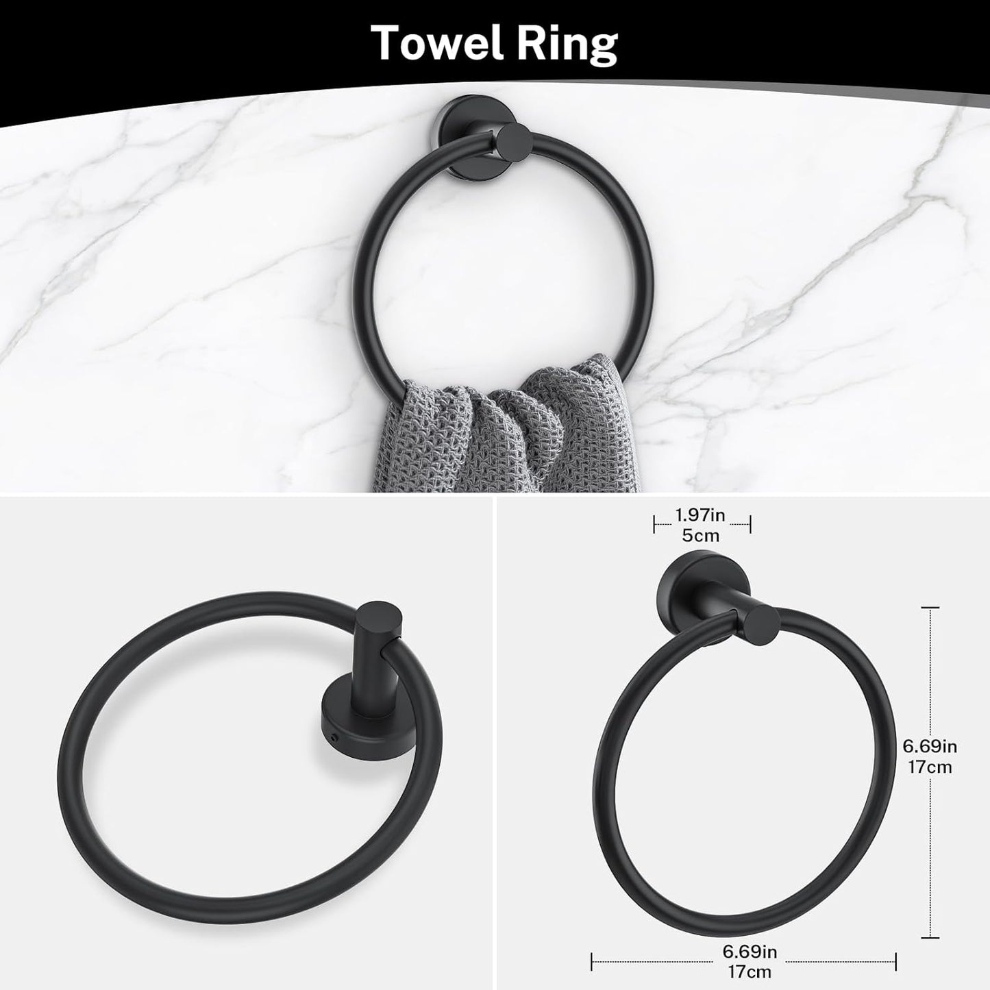4-Piece Matte Black Bathroom Hardware Accessories Set,Black Towel Ring Set Toilet Paper Holder,Robe Hooks,Stainless Steel Wall Mounted Rustproof Modern Bathroom Set