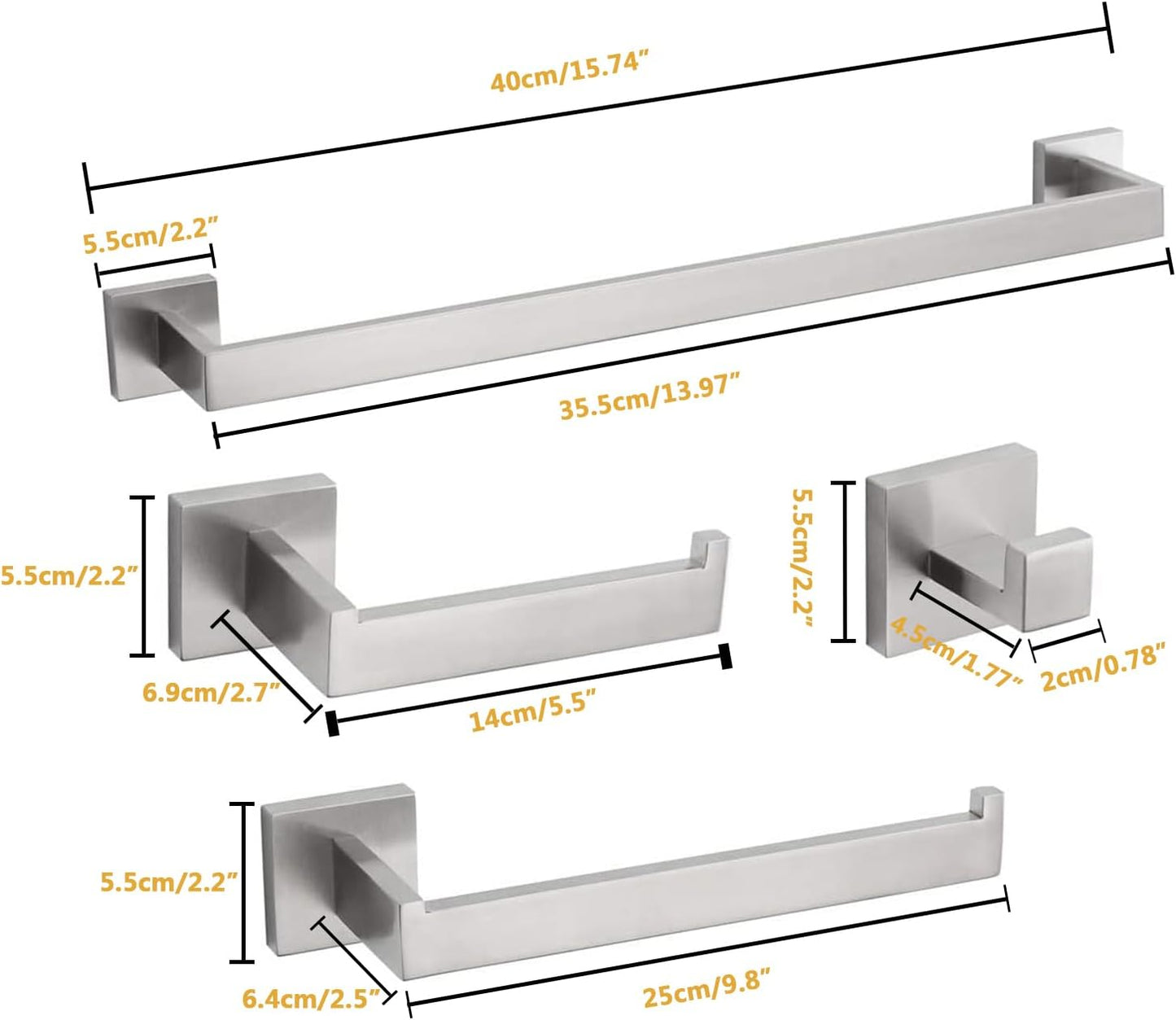 4-Piece Bathroom Hardware Set, Towel Rack Towel Bar Towel Holder Toilet Paper Holder Towel Hooks Modern Square Premium Stainless Steel Brushed Nickel Wall Mounted Bathroom Accessories Set (16inch)