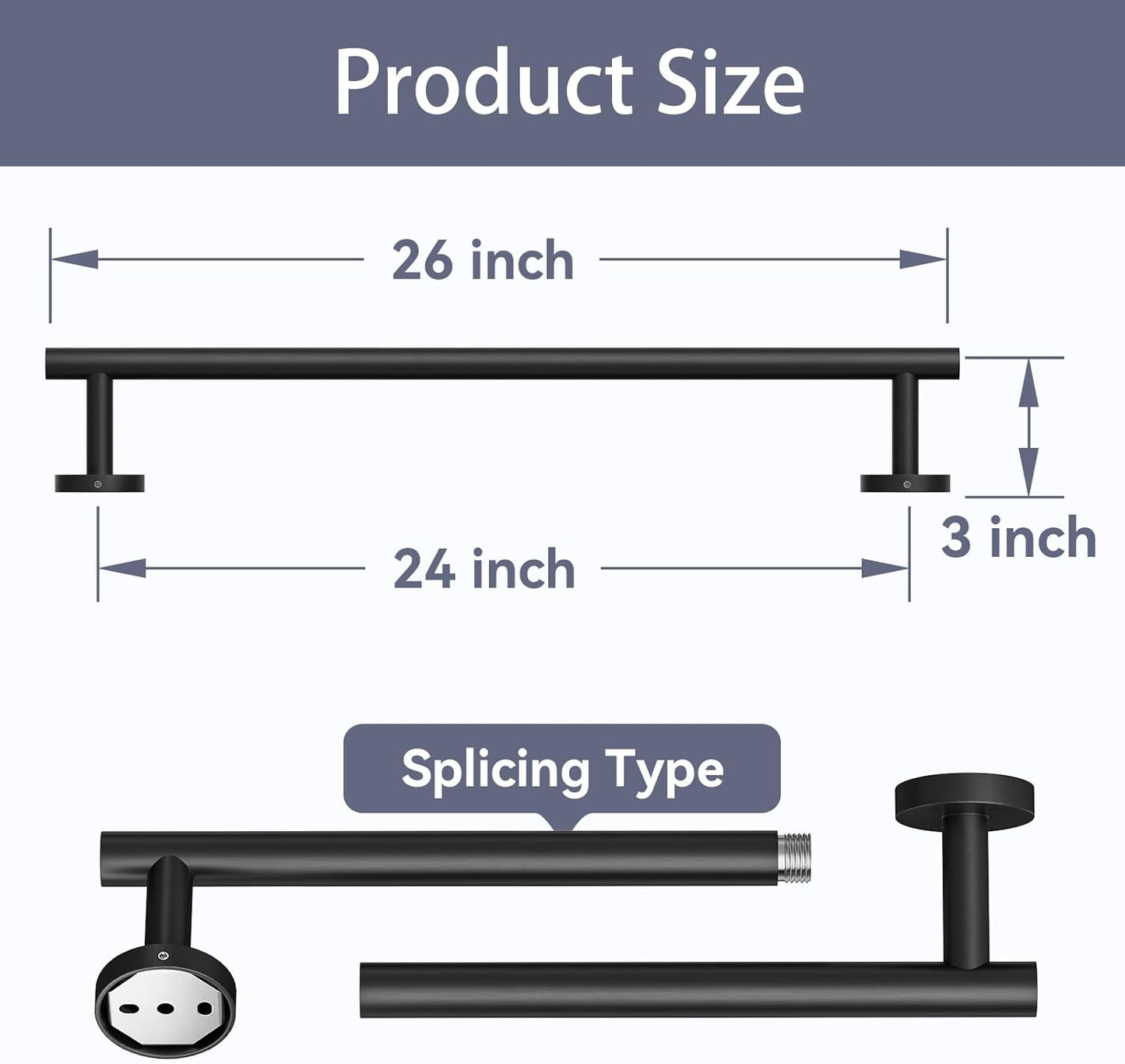 Matte Black Towel Bar, 24 Inch Bathroom Towel Rack, Towel Holder Wall Mounted, Thicken SUS304 Stainless Steel Towel Rod Modern Home Decor (Total Length 26-Inch)