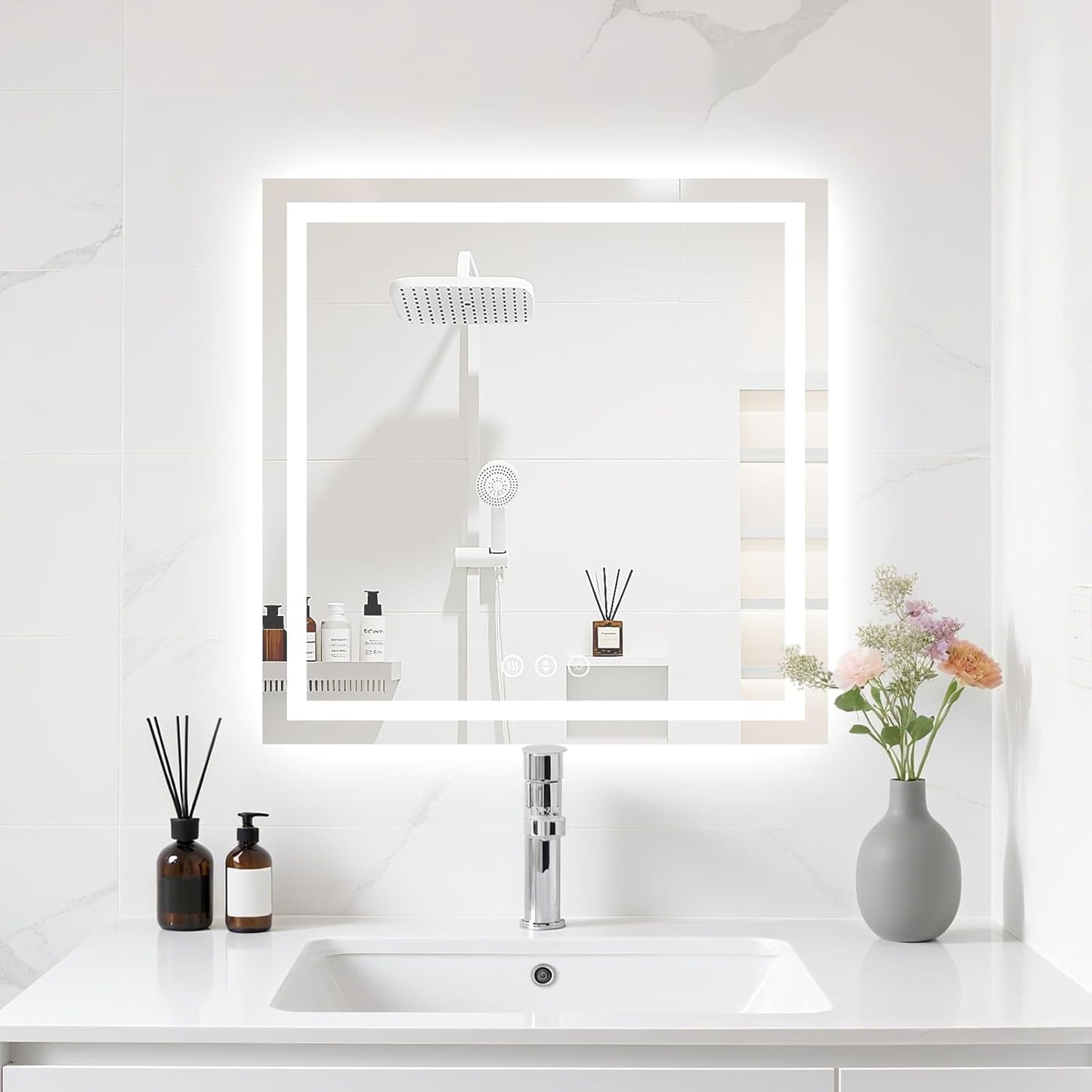 24X24 LED Bathroom Mirror with Lights, Anti-Fog, Backlit + Front Lit (CRI>90), Lighted Bathroom Vanity Mirror for Wall, Memory Function, Dimmable, Tempered Glass, Shatter-Proof, ETL Listed
