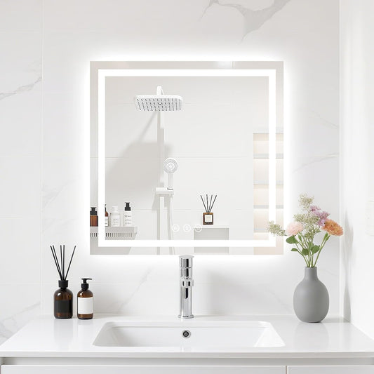 24X24 LED Bathroom Mirror with Lights, Anti-Fog, Backlit + Front Lit (CRI>90), Lighted Bathroom Vanity Mirror for Wall, Memory Function, Dimmable, Tempered Glass, Shatter-Proof, ETL Listed