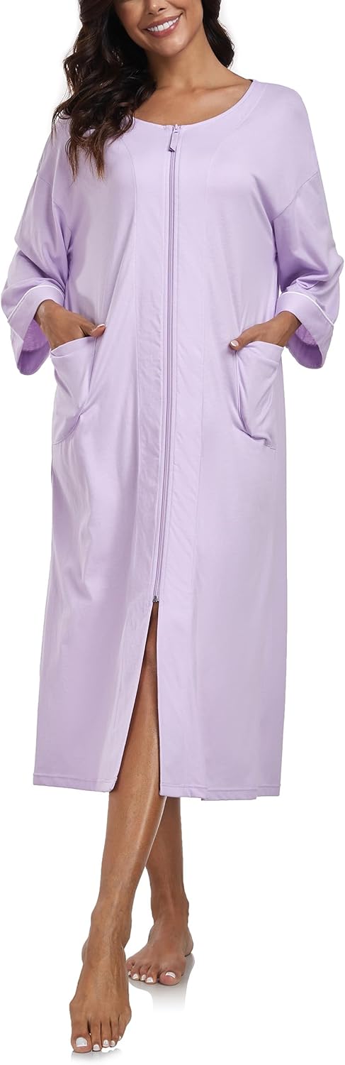 ANLIQI Women's 100% Cotton Robes Long Zipper Front House coats 3/4 Sleeve Bathrobes Lightweight Full Length Robe with Pockets