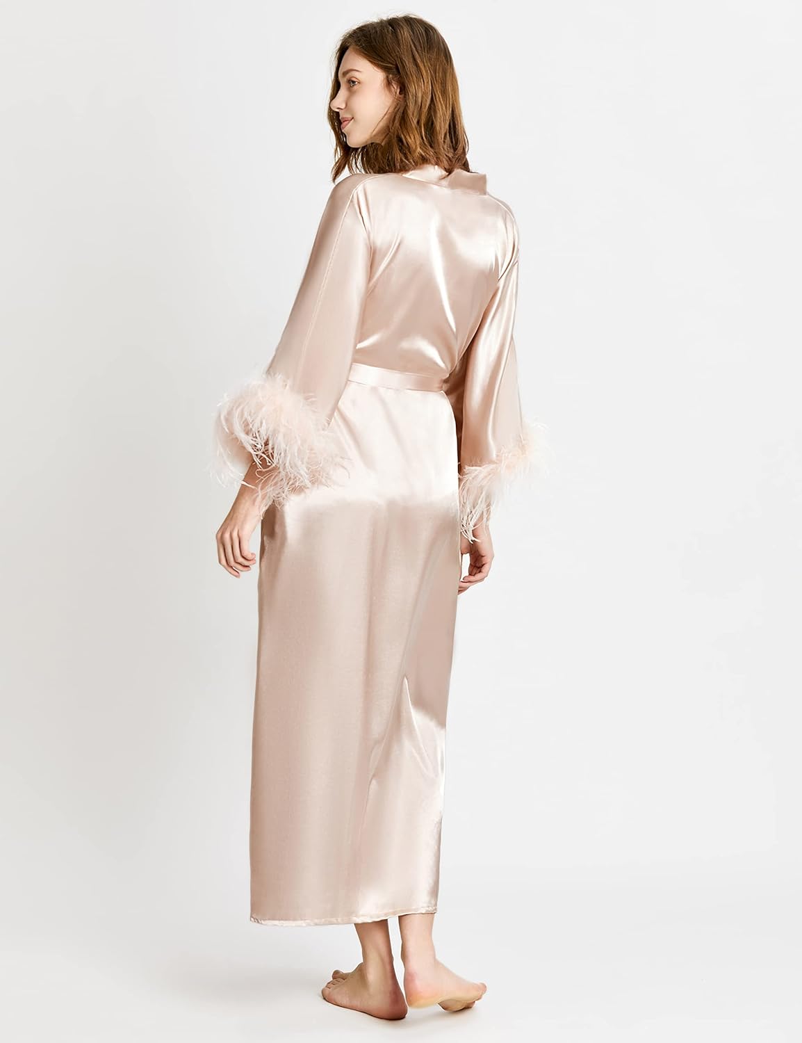 PRODESIGN Satin Kimono Robe Long Silky Bathrobe with Ostrich Feather Trim Sleepwear Wedding Bridesmaid Dressing Gown