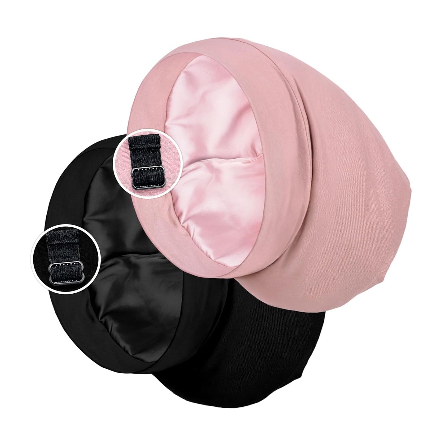 Satin Lined Sleep Cap Bonnet for Curly Hair and Braids, Stay On All Night Hair Wrap with Adjustable Strap for Women and Men, Black and Pink, Pack of 2