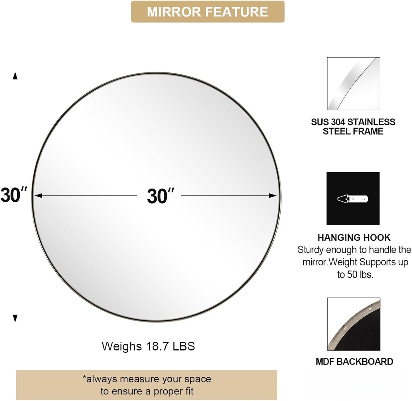ANDY STAR Round Chrome Mirror, 30 inch Round Chrome Mirror, Circle Bathroom Mirror for Bathroom in Stainless Steel Metal Frame