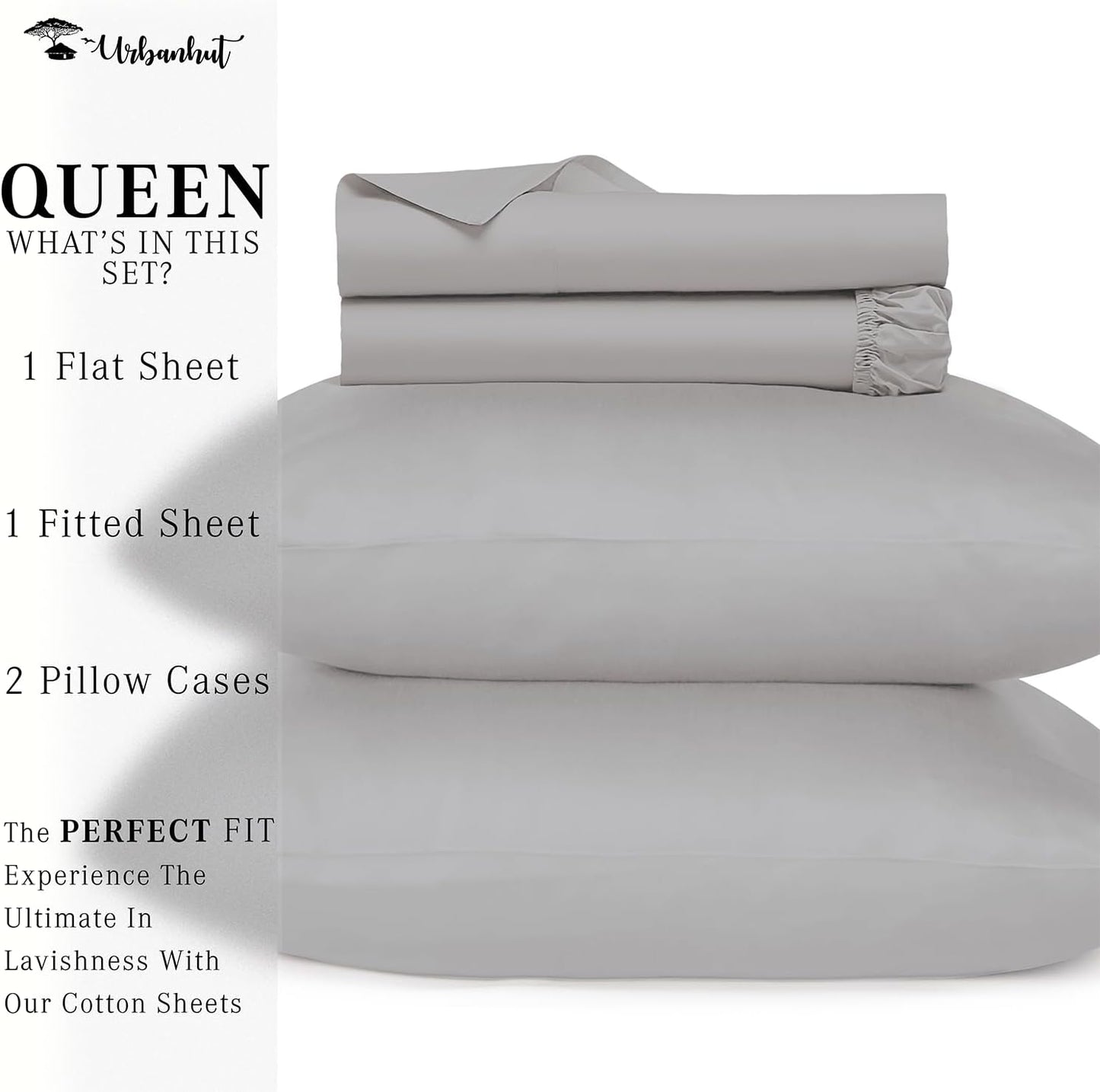 URBANHUT 700 Thread Count Egyptian Cotton Sheets Queen Size, 4Pc Sheet Set Soft Luxury Bed Sheets for Queen Size Bed, Sateen Weave Hotel Sheets, 16'' Elasticized Deep Pocket - Silver Grey