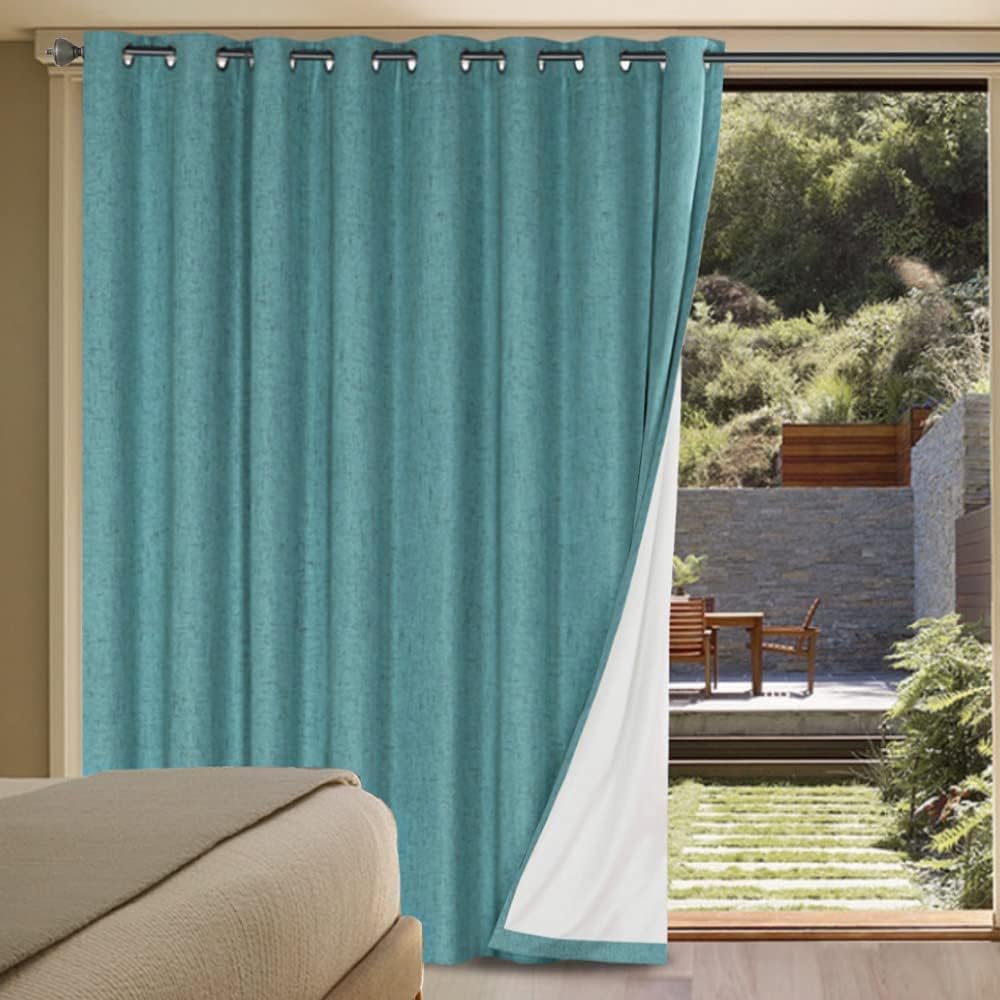 H.VERSAILTEX Linen Blackout Curtains Durable Thick Textured Linen Look 100% Blackout Patio Door Curtain Anti Rust Grommet Extra Wide Sliding Door Curtain Panel, W100 x L108 inch - Teal