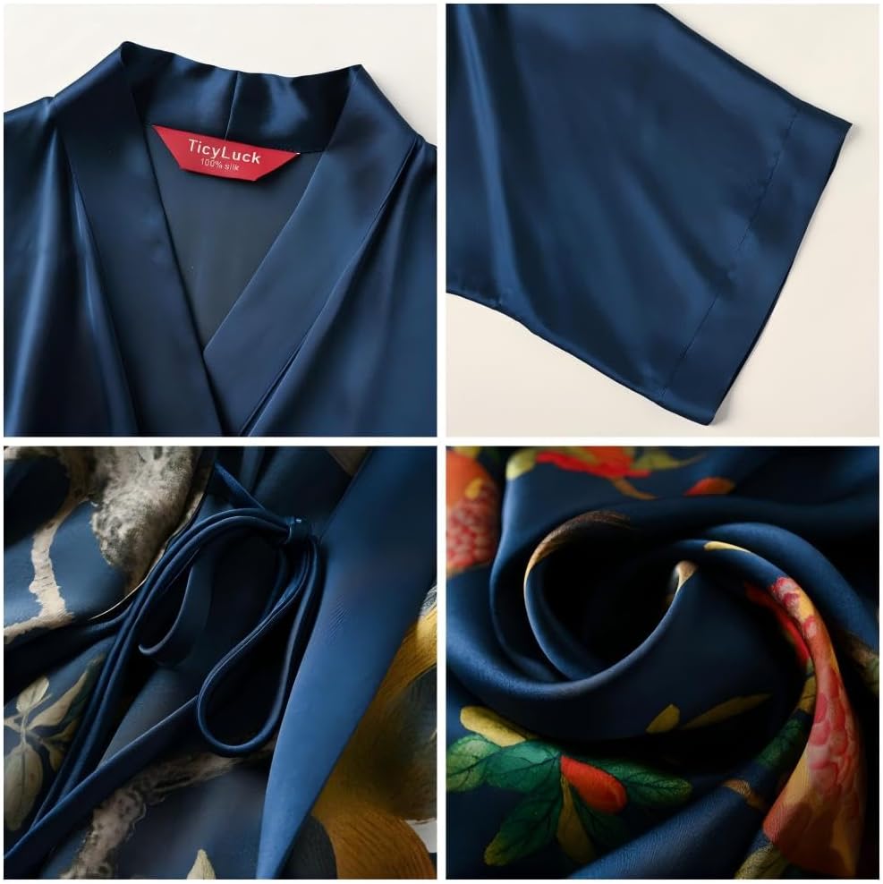 Women's Silk Kimono Robe Long Bathrobe Nightgown 100% Mulberry Silk for Women - Classic Floral Pattern