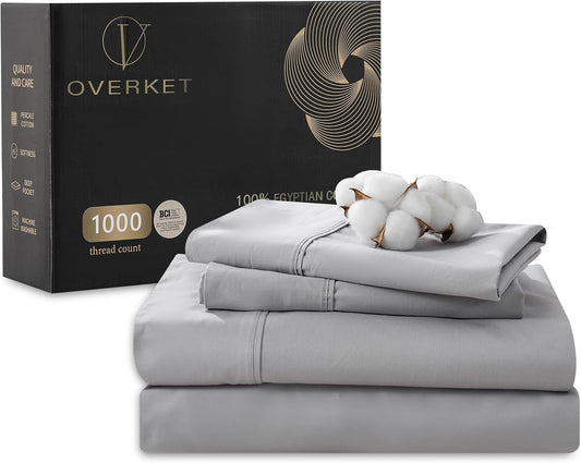Egyptian Cotton Sheets Full Size 1000 Thread Count Sateen Weave Soft Breathable 16-Inch Deep Pocket 4PCS（Full,Grey）