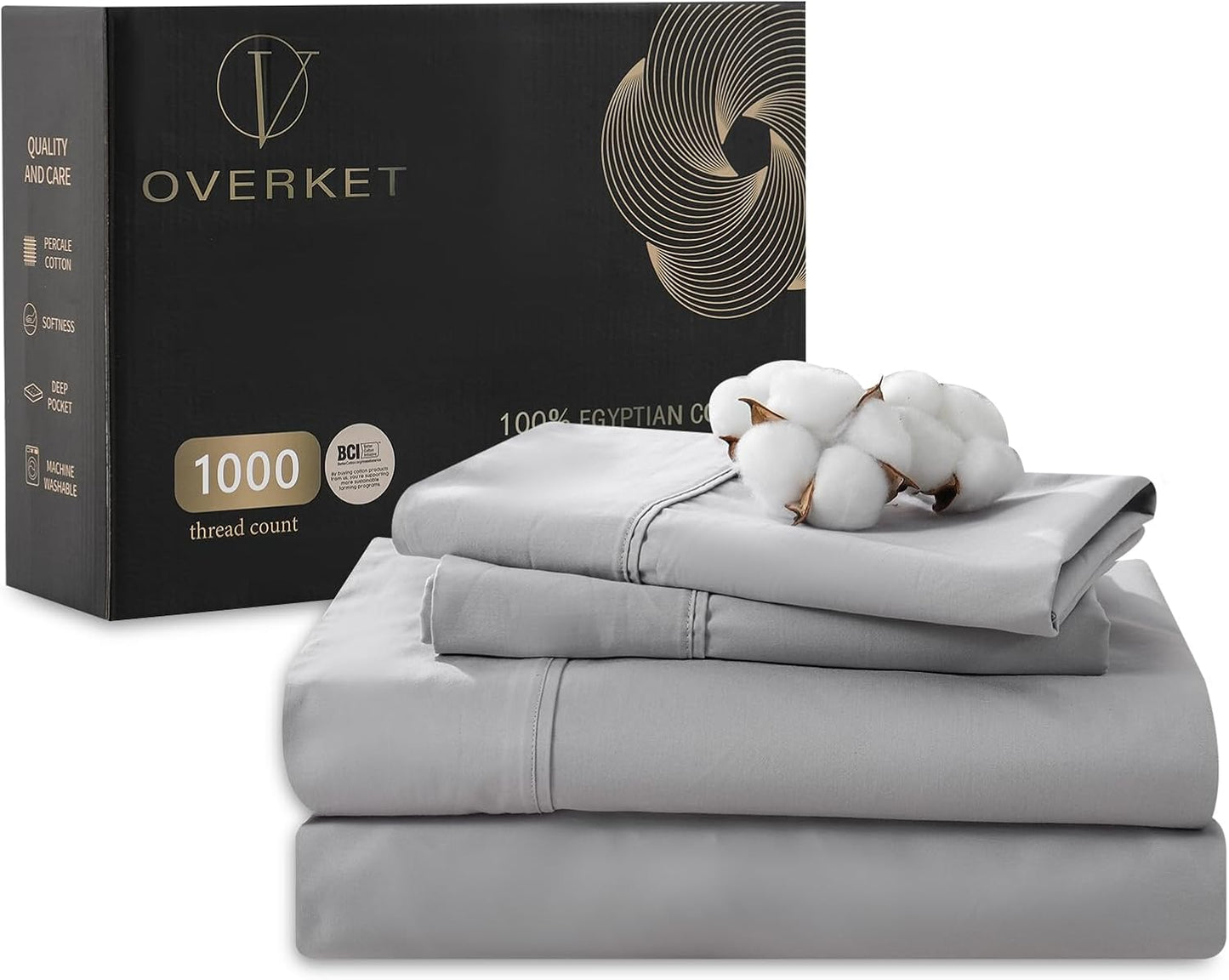 100% Egyptian Cotton Sheets Cal King Sheet Set 1000 Thread Count Sateen Weave Soft Breathable 16-Inch Deep Pocket 4PCS（California King,Grey）