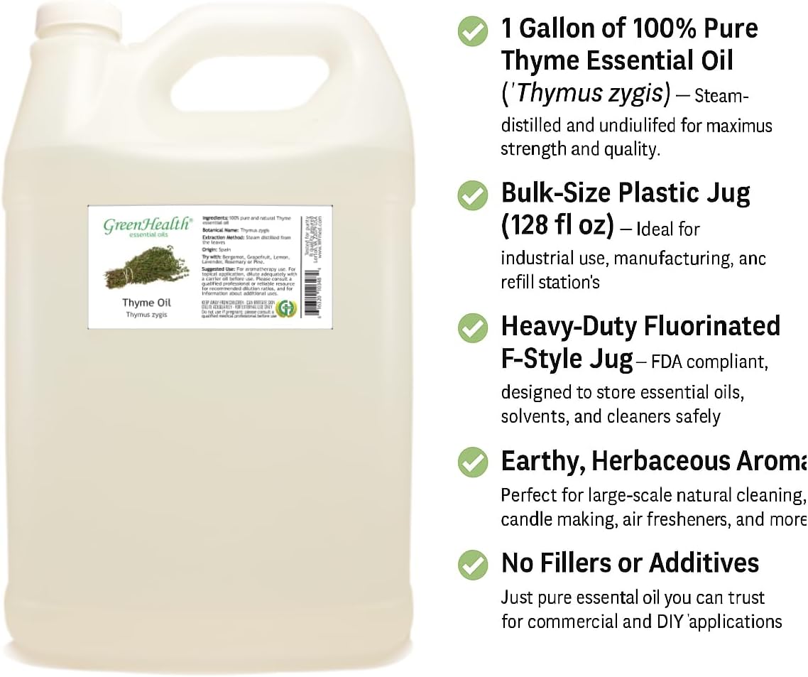Thyme Essential Oil - 128 fl oz (1 Gallon) Plastic Bottle w/Cap - 100% Pure Essential Oil by GreenHealth