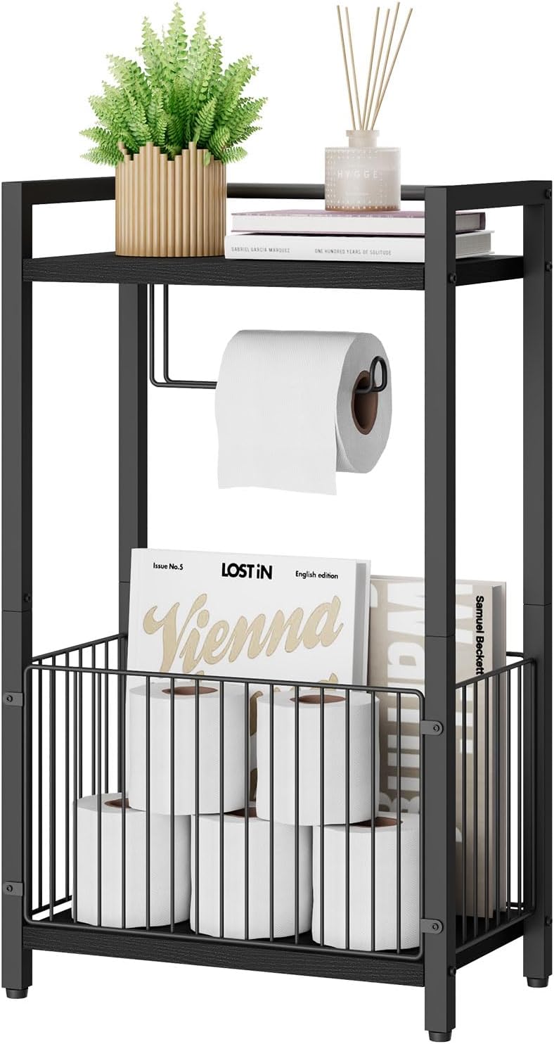 IBUYKE Freestanding Toilet Paper Holder Stand with Storage Shelf,Bathroom Toilet Tissue Roll Dispenser with Extra Space for Rolls, Magazines, Wet Wipes Black TLJ020B