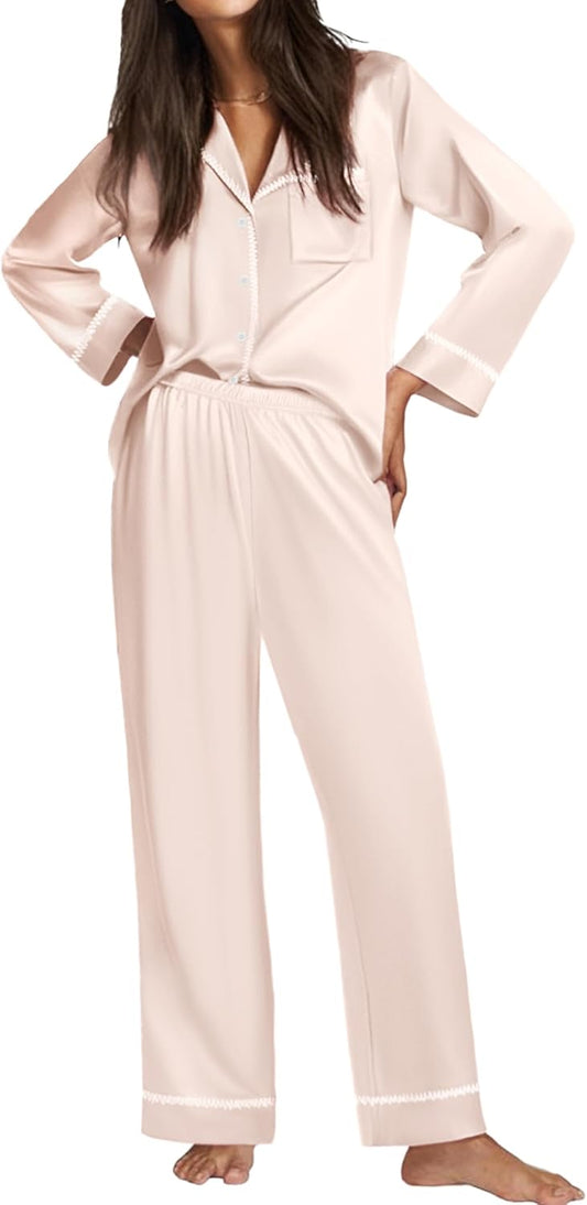 Ekouaer Satin Pajama Set for Women Silky Sleepwear Long Sleeve Top and Pants Button Down Pjs Lounge Set