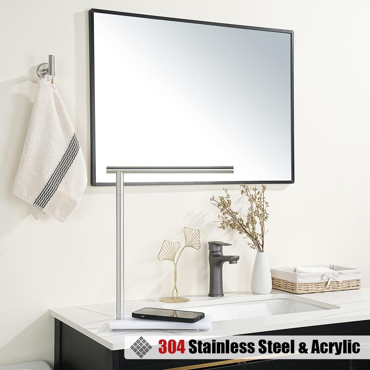 JQK Hand Towel Holder Stand Brushed, Modern Tree Rack Free Standing for Countertop with 12 Inch Bar, 304 Stainless Steel Thicken 0.8mm, HTT170-WN