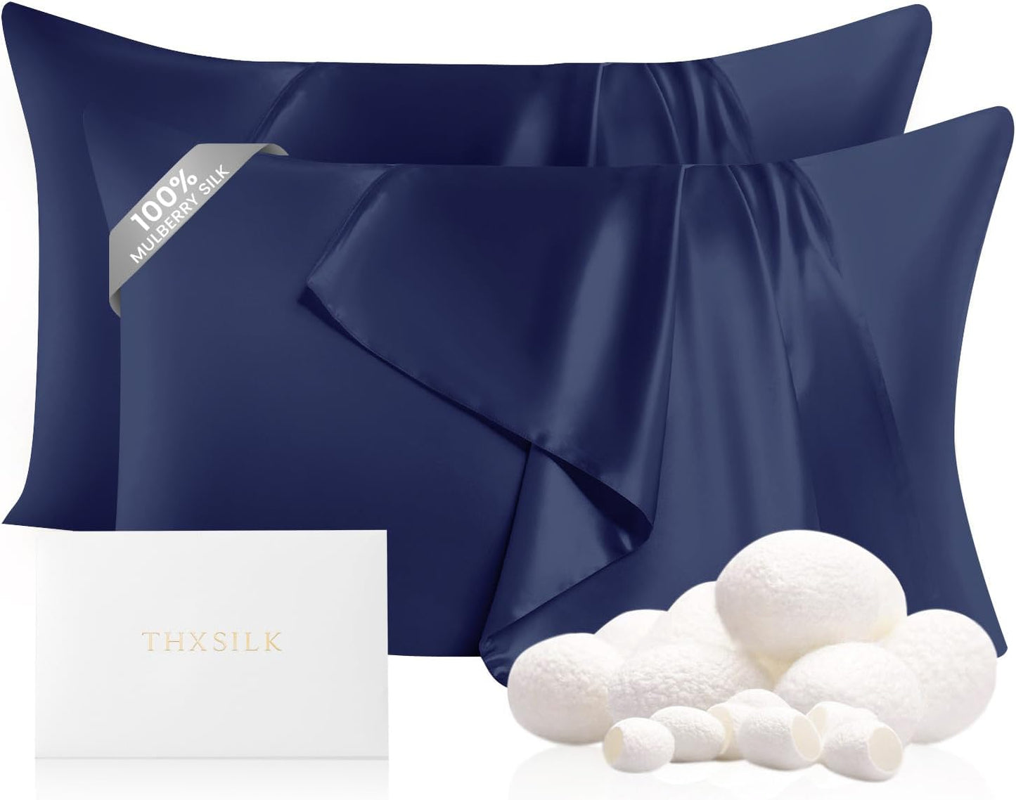 THXSILK Set of 2 100% Pure Mulberry Silk Pillowcases for Hair and Skin, Highest 6A Grade 22 Momme Silk Pillow Case Standard Size, Real Silk Pillowcases with Zipper (Navy Blue, Standard)