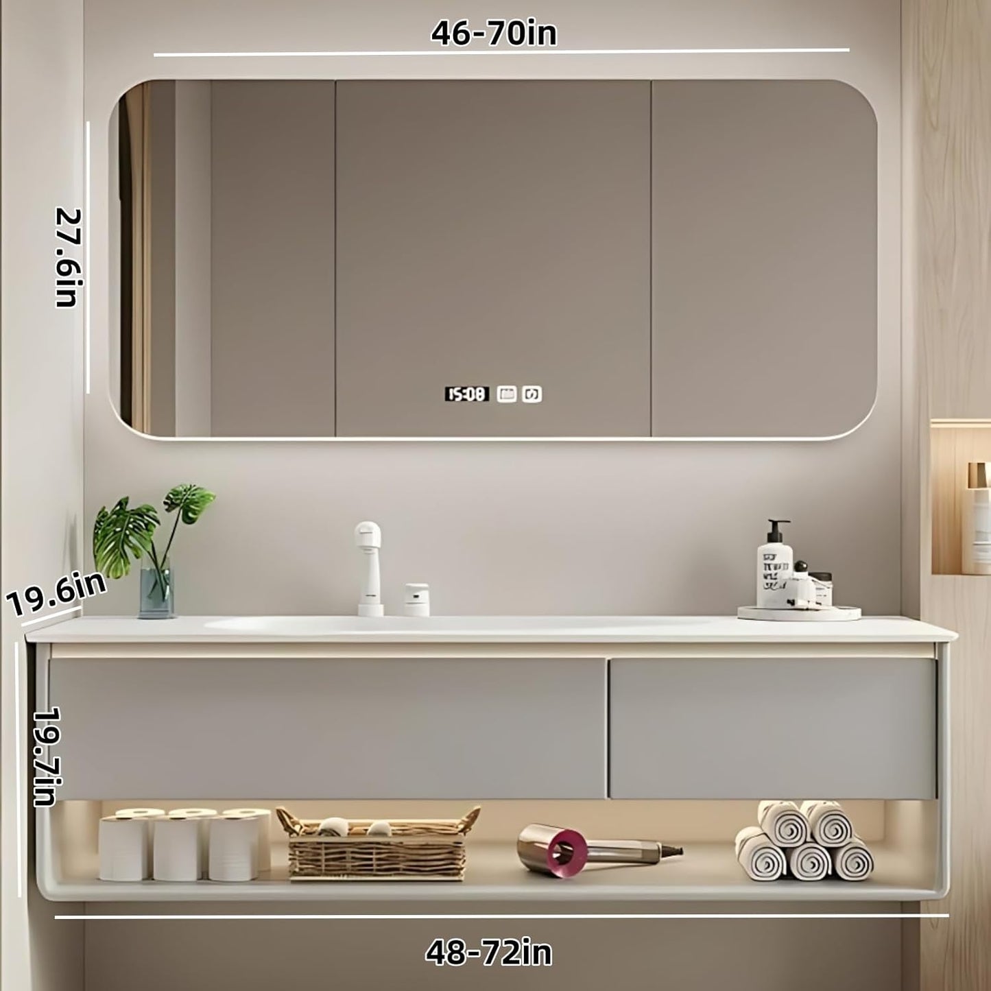 72IN Grey Bathroom Vanity Set - Floating Bathroom Vanity with Single Sink | Including LED Smart Defogging Mirror Cabinet & Time Display Function, Equipped with Motion Sensing Light Strip (Style A)