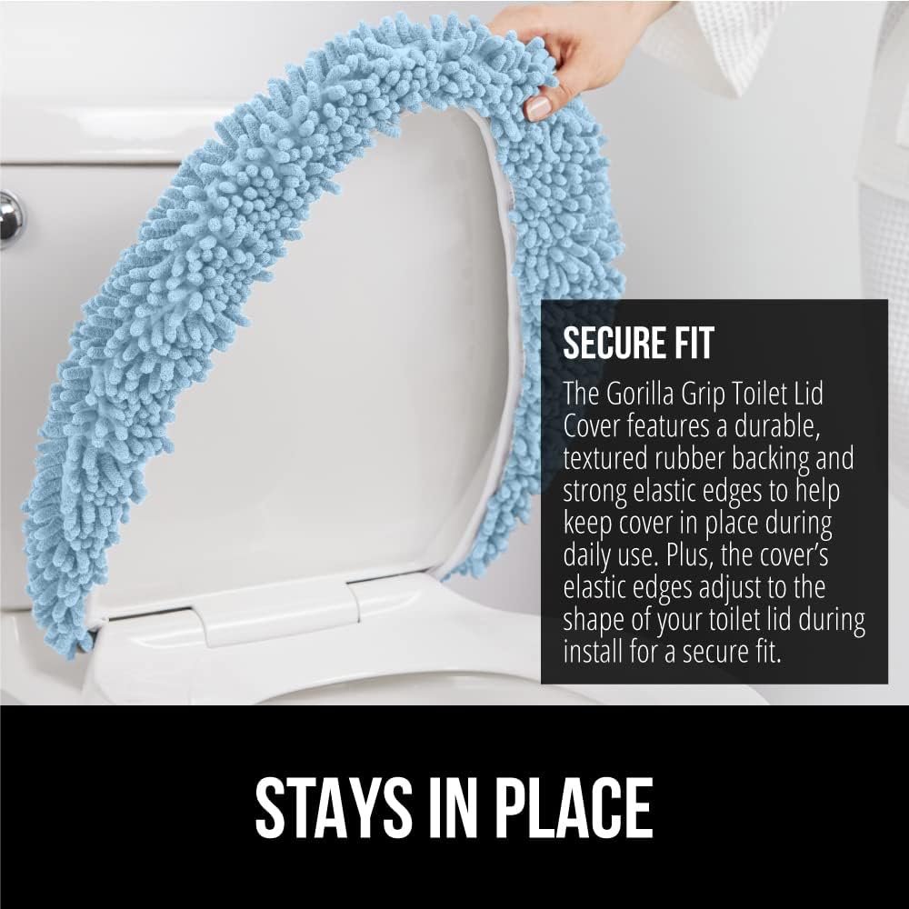 GORILLA GRIP Soft Chenille Bathroom Toilet Lid Cover, Machine Washable Seat Covers, 19.5x18.5, Stays in Place Rubber Backing, Fits Most Round, Elongated and Oblong Lids, Accessories Decor, Light Blue