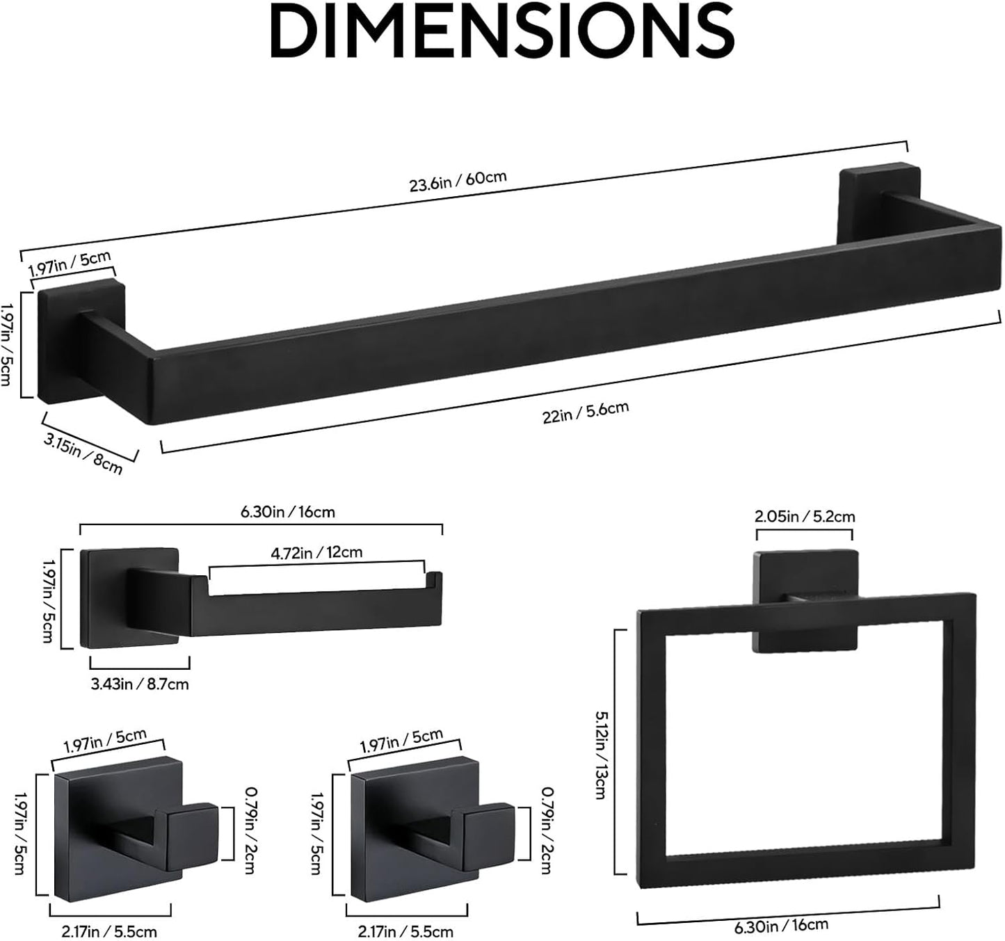 5 Pieces 23.6-Inch Bathroom Hardware Accessories Set,Black TStainless Steel Bathroom Hardware Set,Bath Towel Bar Kit