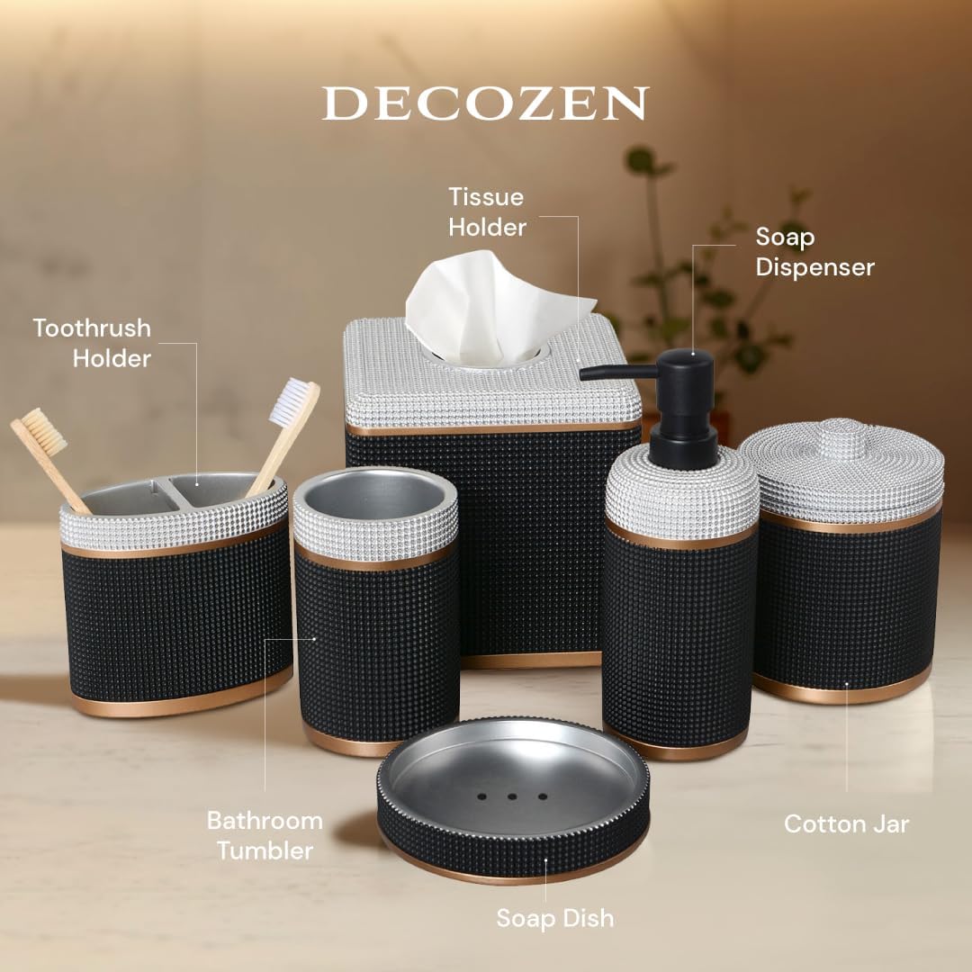 Decozen Bathroom Accessories Set 6Pcs – Soap Dispenser, Toothbrush Holder, Tumbler, Soap Dish & Cotton Swab Jar – Modern Bathroom Decor, Bath Set for Christmas Decor, Seiler