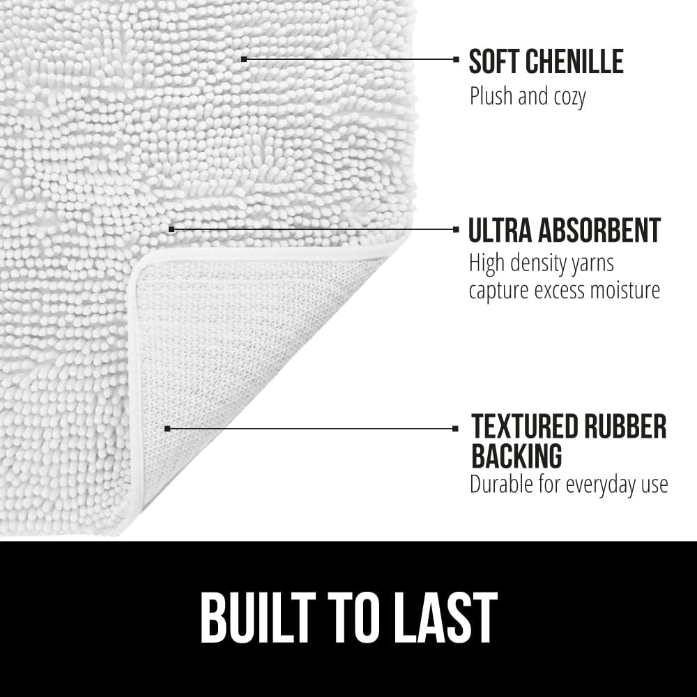 GORILLA GRIP Bath Rug Mat 60x17, Thick Soft Absorbent Chenille, Quick Dry Microfiber Mats, Rubber Backing Washable Shower Floor Rugs, Bathmat Runner, US Designed Bathroom Home Decor Accessories White