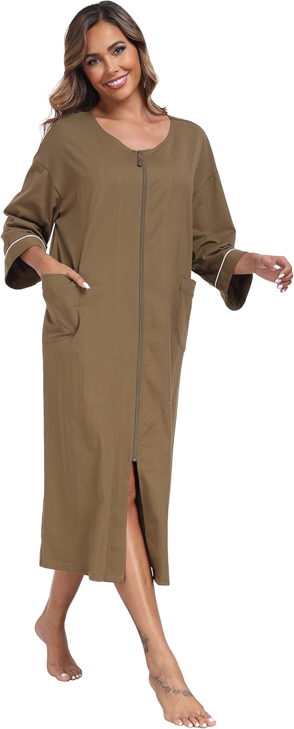ANLIQI Women's 100% Cotton Robes Long Zipper Front House coats 3/4 Sleeve Bathrobes Lightweight Full Length Robe with Pockets