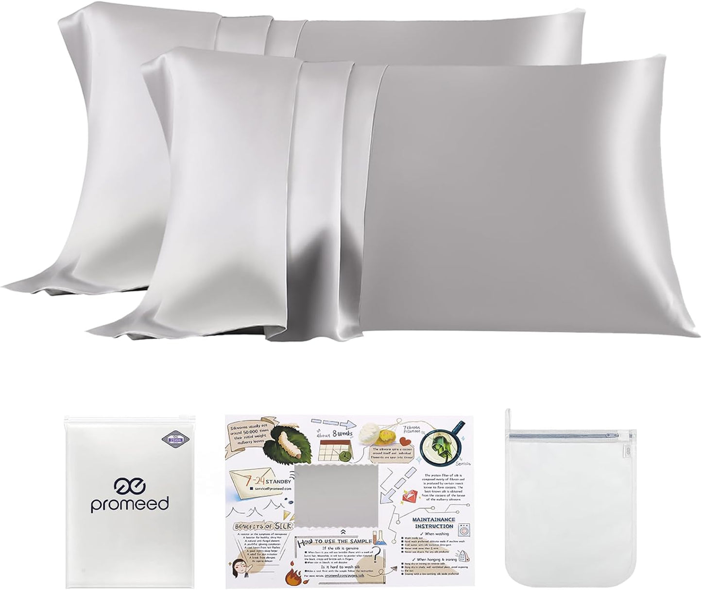 PROMEED 23 Momme Silk Pillowcase 2 Pack with Zipper, 3rd Gen Grade 6A+ 100% Mulberry Silk Pillow Case Set of 2, Cooling Pillow Cases for Hot Sleepers (King 20"x36", Light Grey)