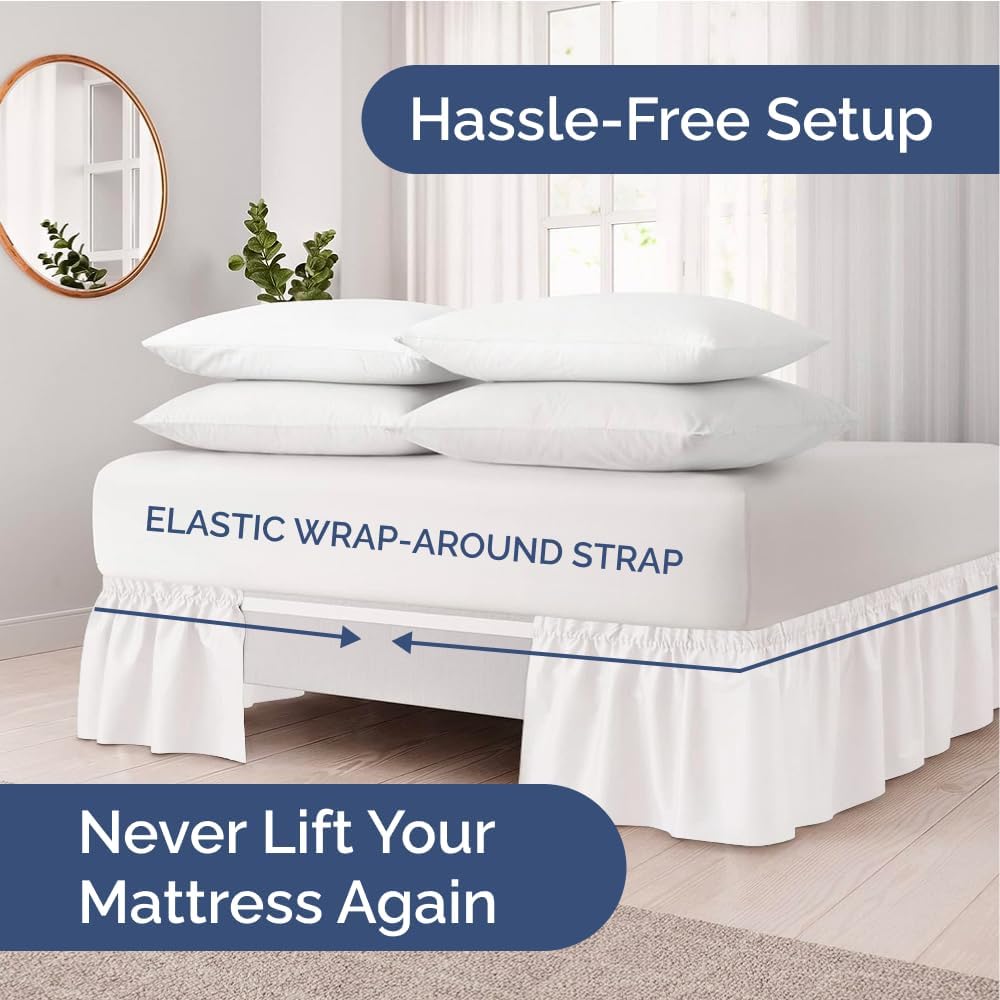 Wrap Around Dust Ruffle Bed Skirt - Antique White - for Full Size Beds w/ 12 Inch Drop - Easy Fit Elastic Strap - Adjustable Pleated Bedskirt w/Brushed Fabric, Wrinkle Free Women, Men, Kids & Teens