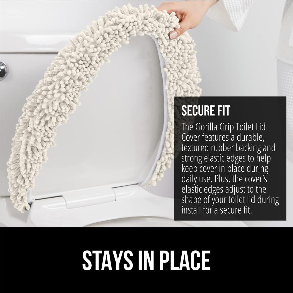 GORILLA GRIP Soft Chenille Bathroom Toilet Lid Cover, Machine Washable Seat Covers, 19.5x18.5, Stays In Place Rubber Backing, Fits Most Round, Elongated and Oblong Lids, Accessories Decor, Ivory Cream
