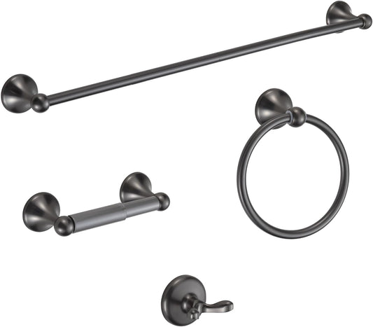 BGL Bathroom Hardware Set Grey Electroplating 4-Piece Bathroom Accessories Set Wall Mounted Adjustable Towel Bar Robe Hook Toilet Paper Holder Towel Ring Glossy Grey