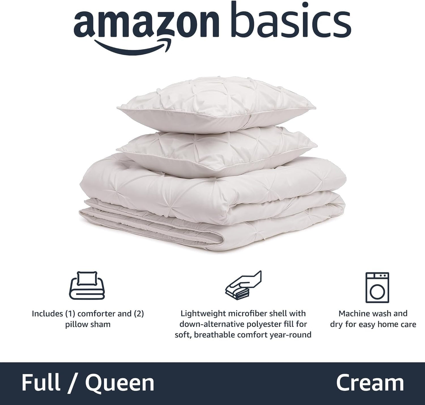 Amazon Basics Warm, Breathable Queen Size Comforter Sets, All-Season Down-Alternative 3-Piece Bedding Set, Pinch Pleat Design, Full/Queen Size, Cream