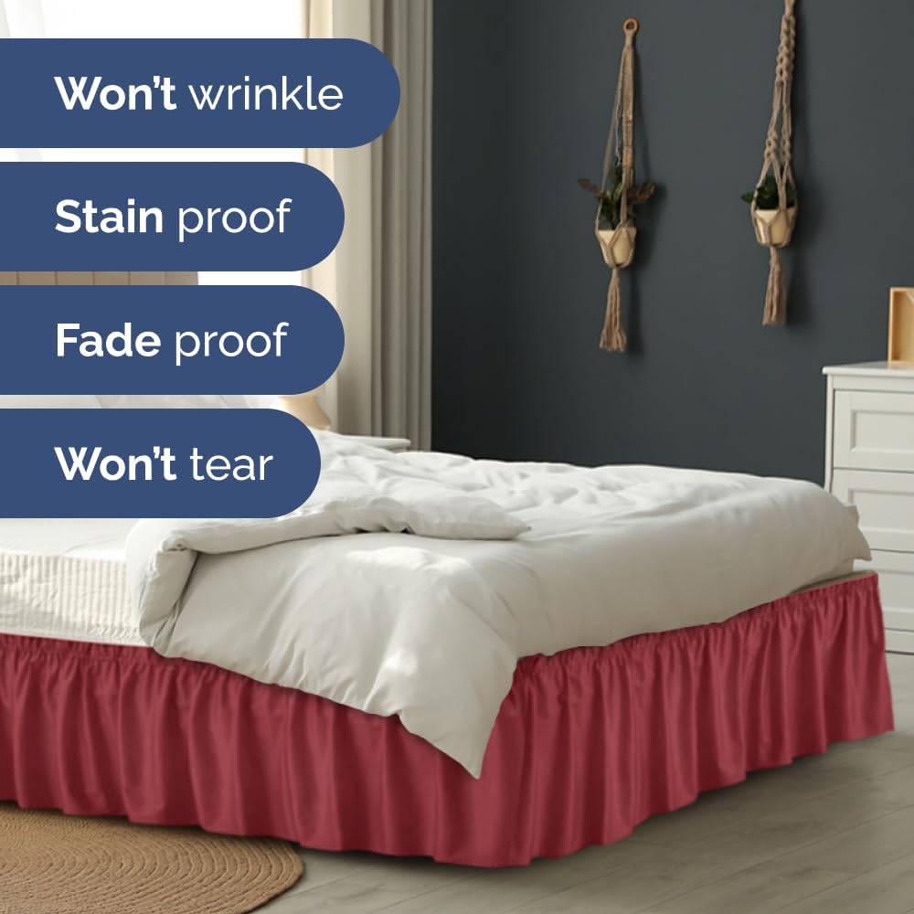 Wrap Around Dust Ruffle Bed Skirt - Burgundy - for King Size Beds with 18 Inch Drop - Easy Fit Elastic Strap - Adjustable Pleated Bedskirt w/Brushed Fabric Wrinkle Free - for Women, Men, Kids & Teens