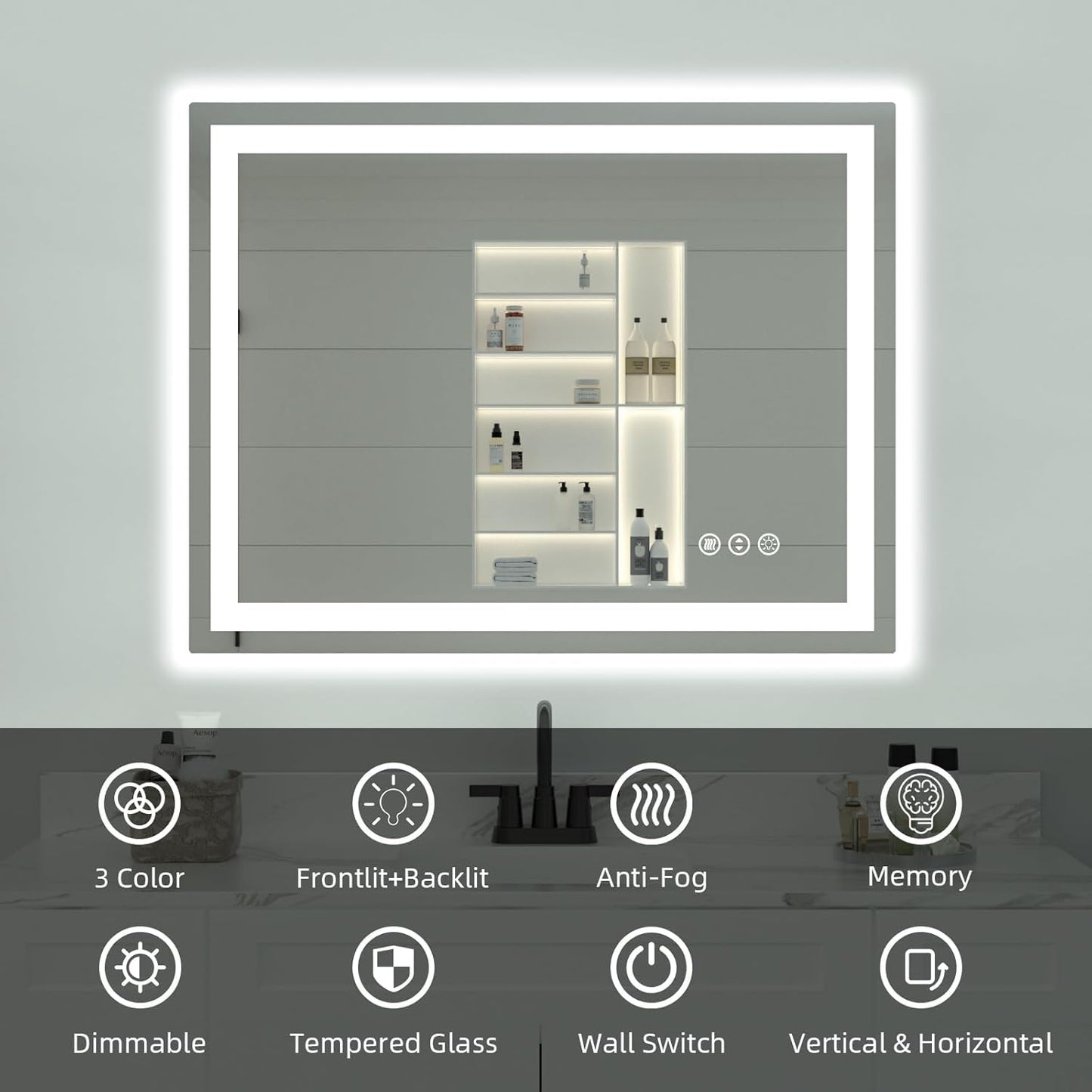 48"x 38" LED Bathroom Mirror with Lights, Double Lighting Sources Dimmable, Backlit + Front Lit, Anti-Fog, Lighted Bathroom Vanity Mirror for Wall(Horizontal/Vertical)