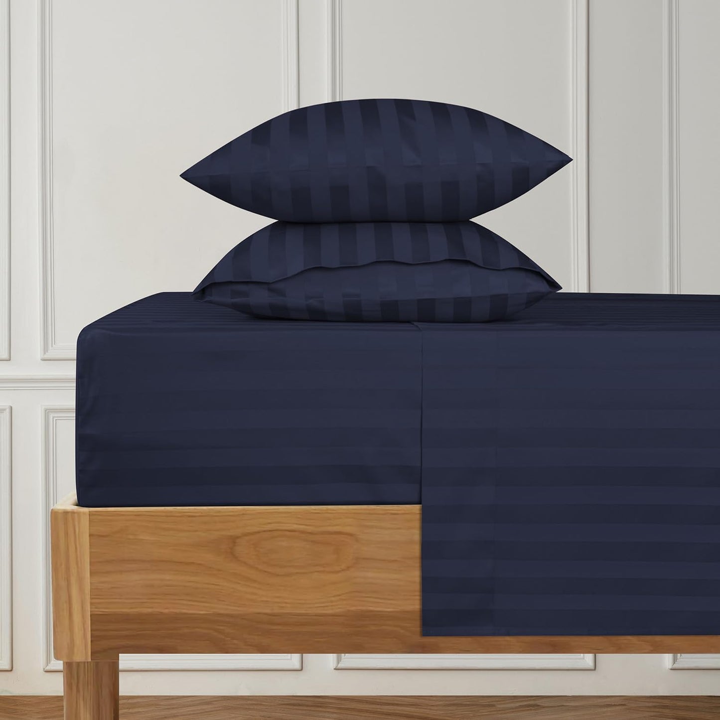 URBANHUT 1000 Thread Count Damask Striped Full Sheet Set Egyptian Cotton Sheets, Long Staple Soft & Breathable, 4 Pc Bed Sheet Sets, Luxury Hotel Sateen Sheets Fits 16" Deep Pocket - Navy Blue