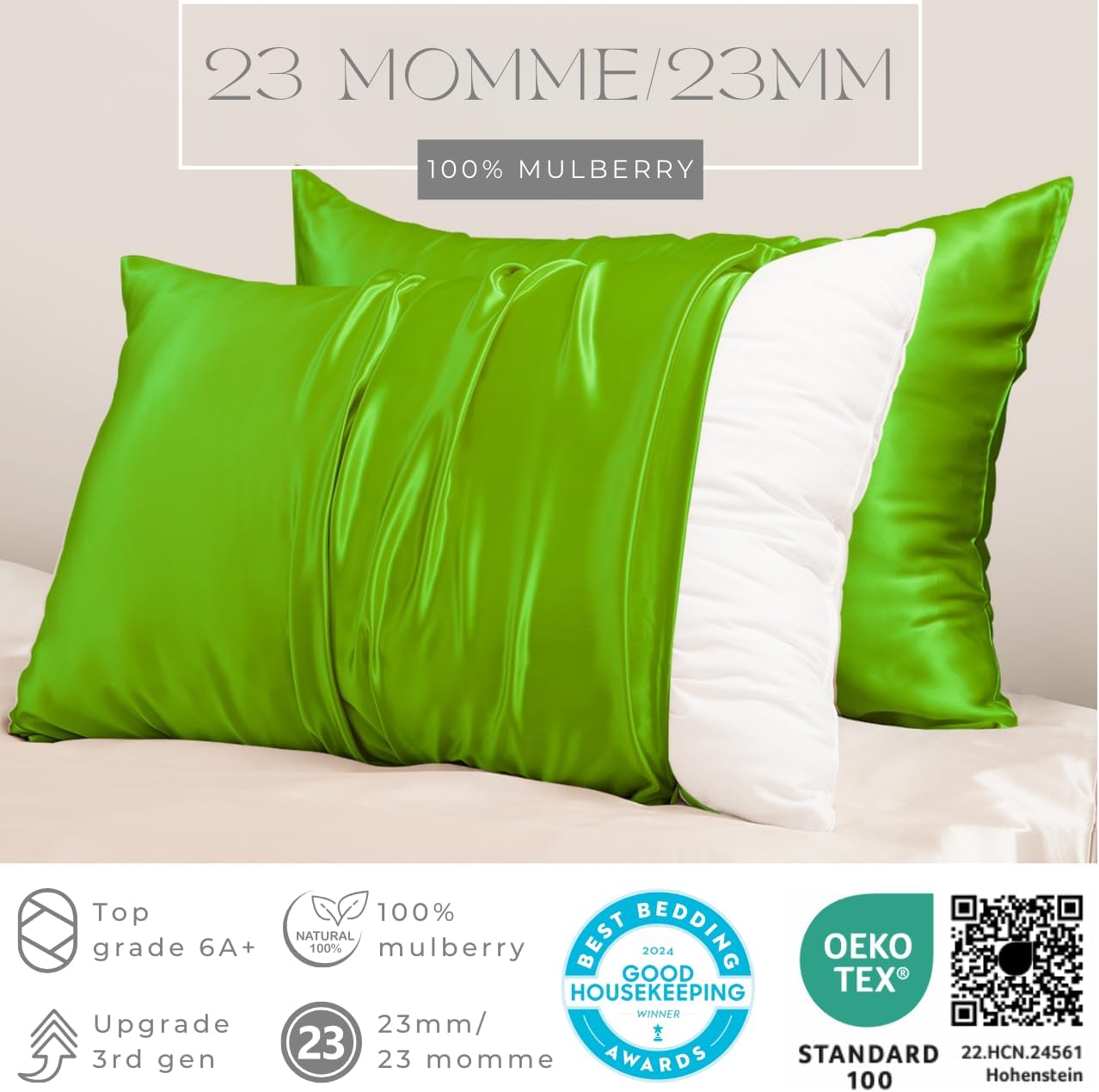 PROMEED Mulberry Silk Pillowcases Set of 2Pcs, Both Sides 100% 23 Momme Real Silk Pillow Case Standard Size 2 Pack, Natural Silk Pillow Cover for Sensitive Skin (Standard 20"x26", Green)